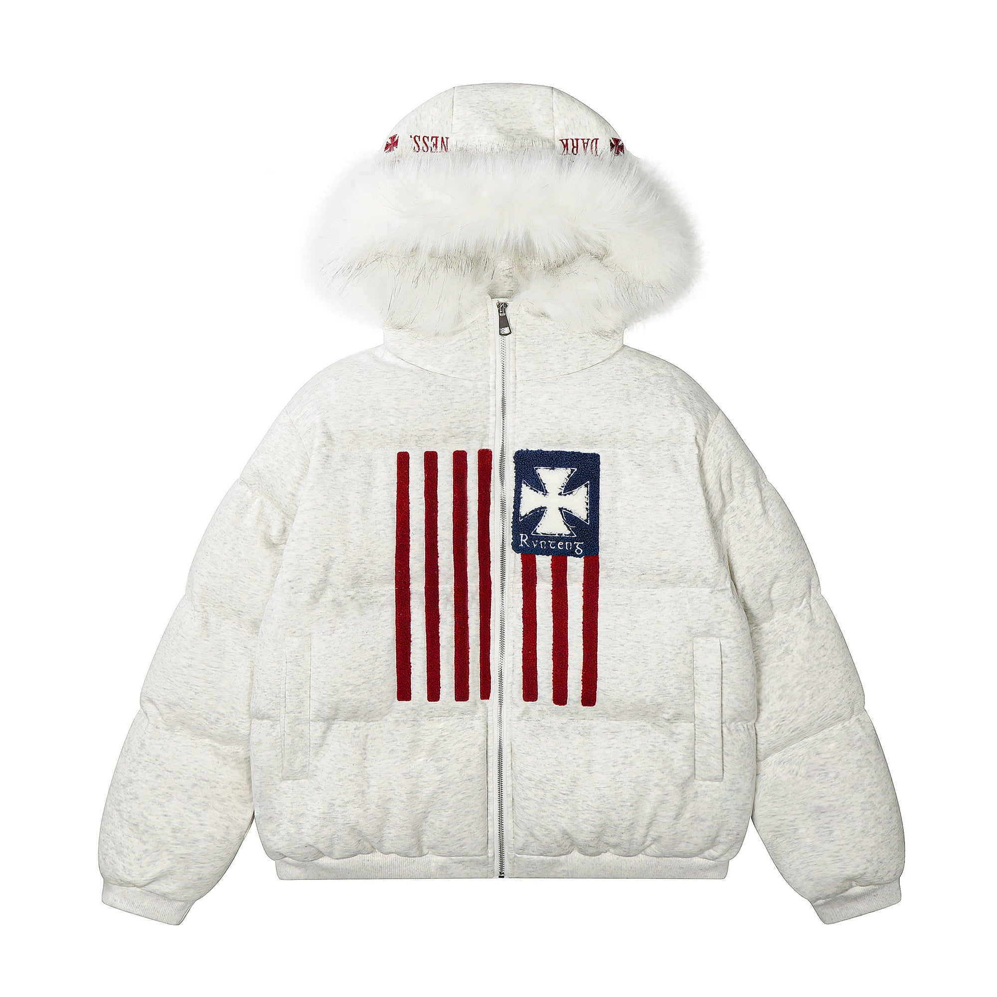 Flag Embroidered Fur-Hood Padded Puff Jacket