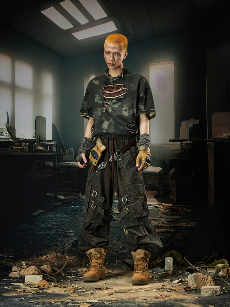 Washed Layered Pleated Multi-Pocket Utility Cargo Pants