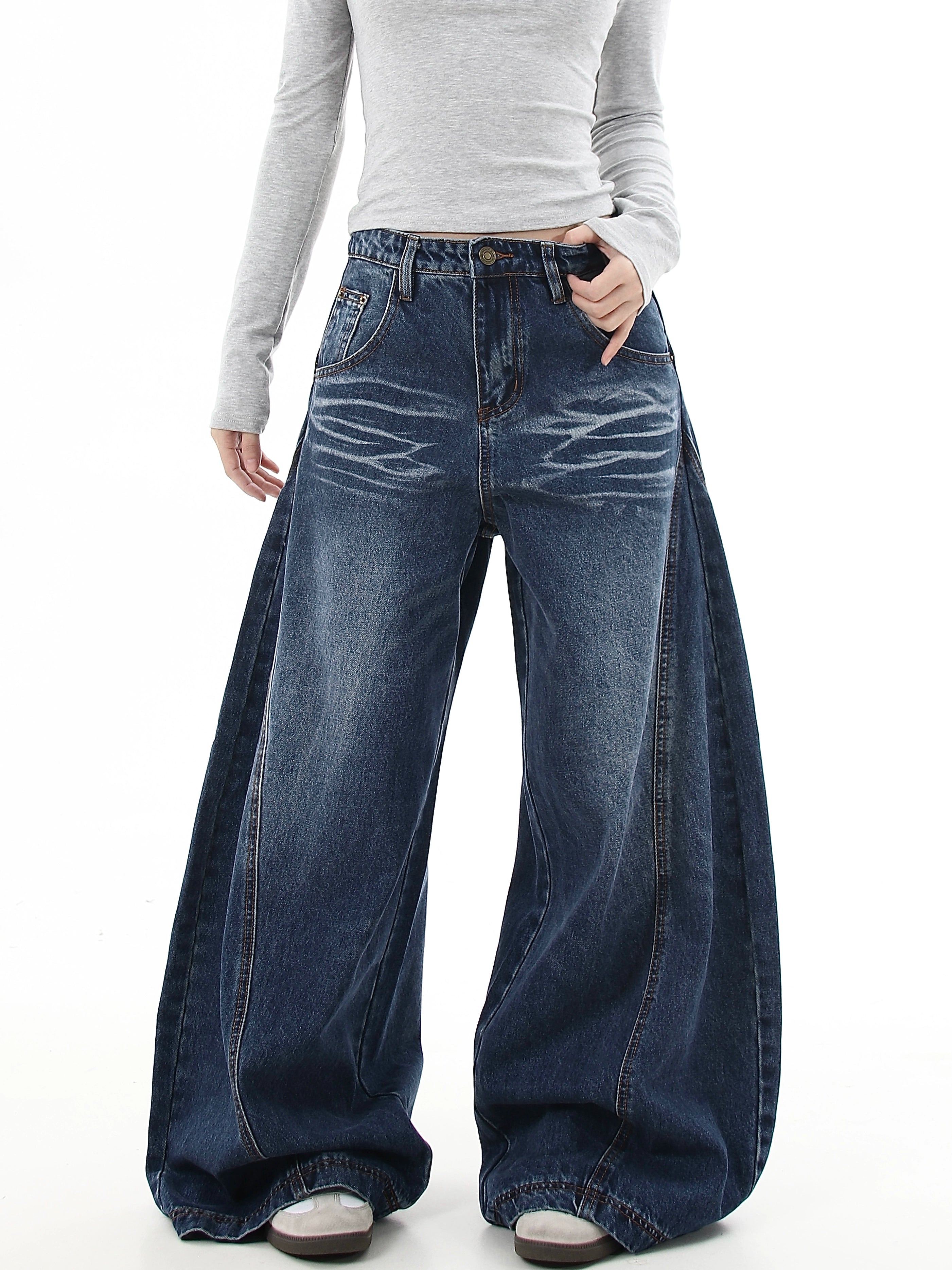 Whiskered Washed Vintage Wide-Leg Denim Pants