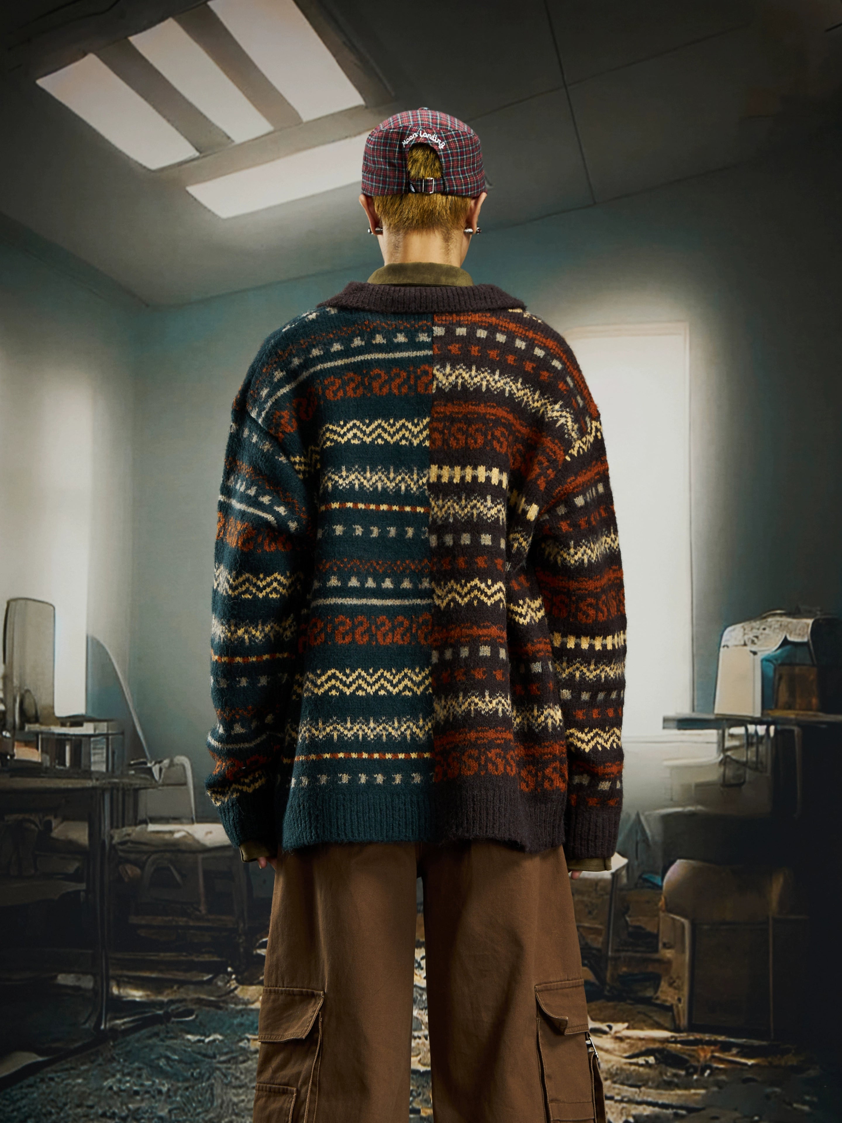 Retro Fair-Isle Color-Block Knit Cardigan with Oversized Fit