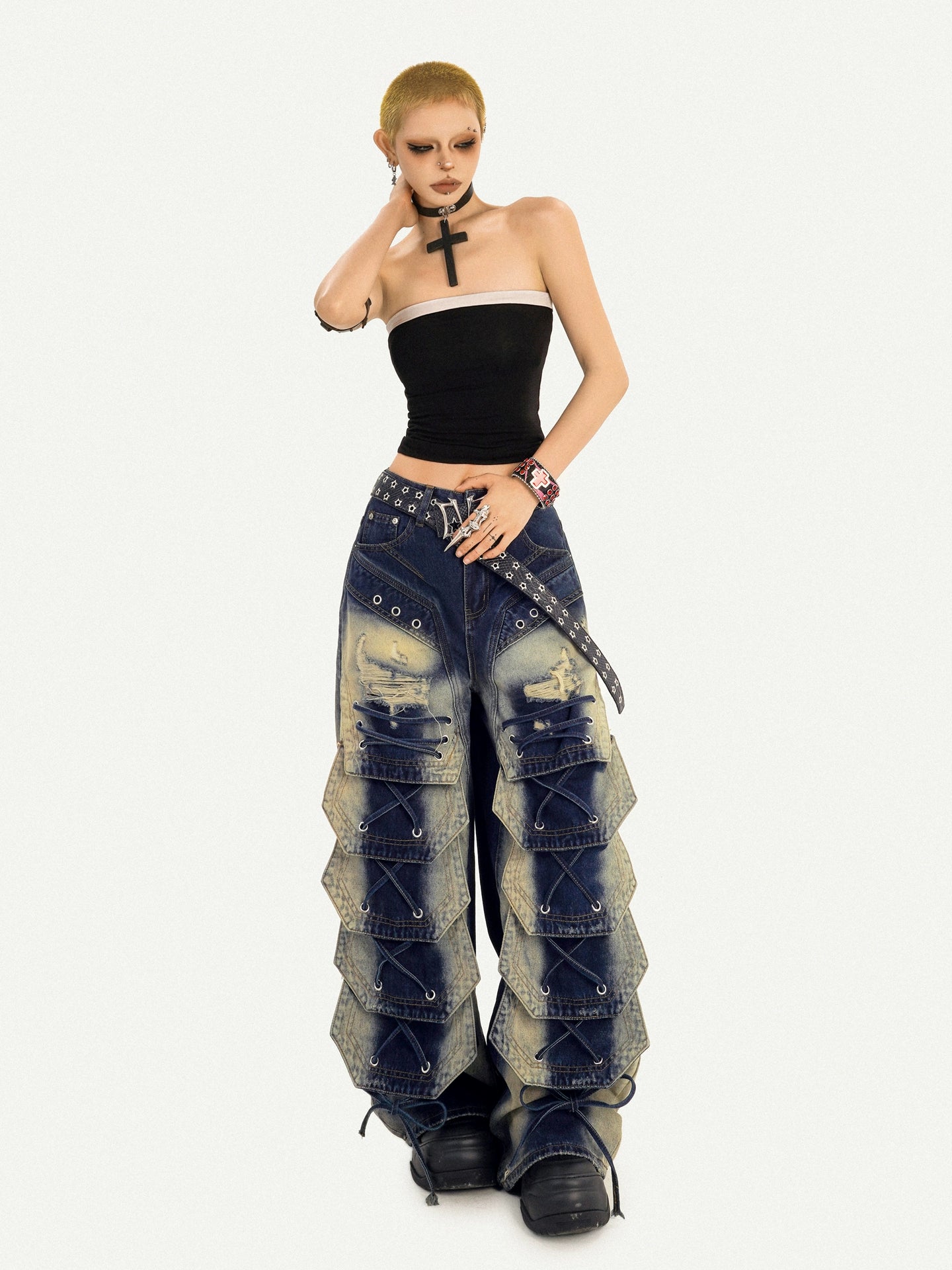 Heavy-Washed Cargo Denim Pants with Multi-Pocket Punk Street Style