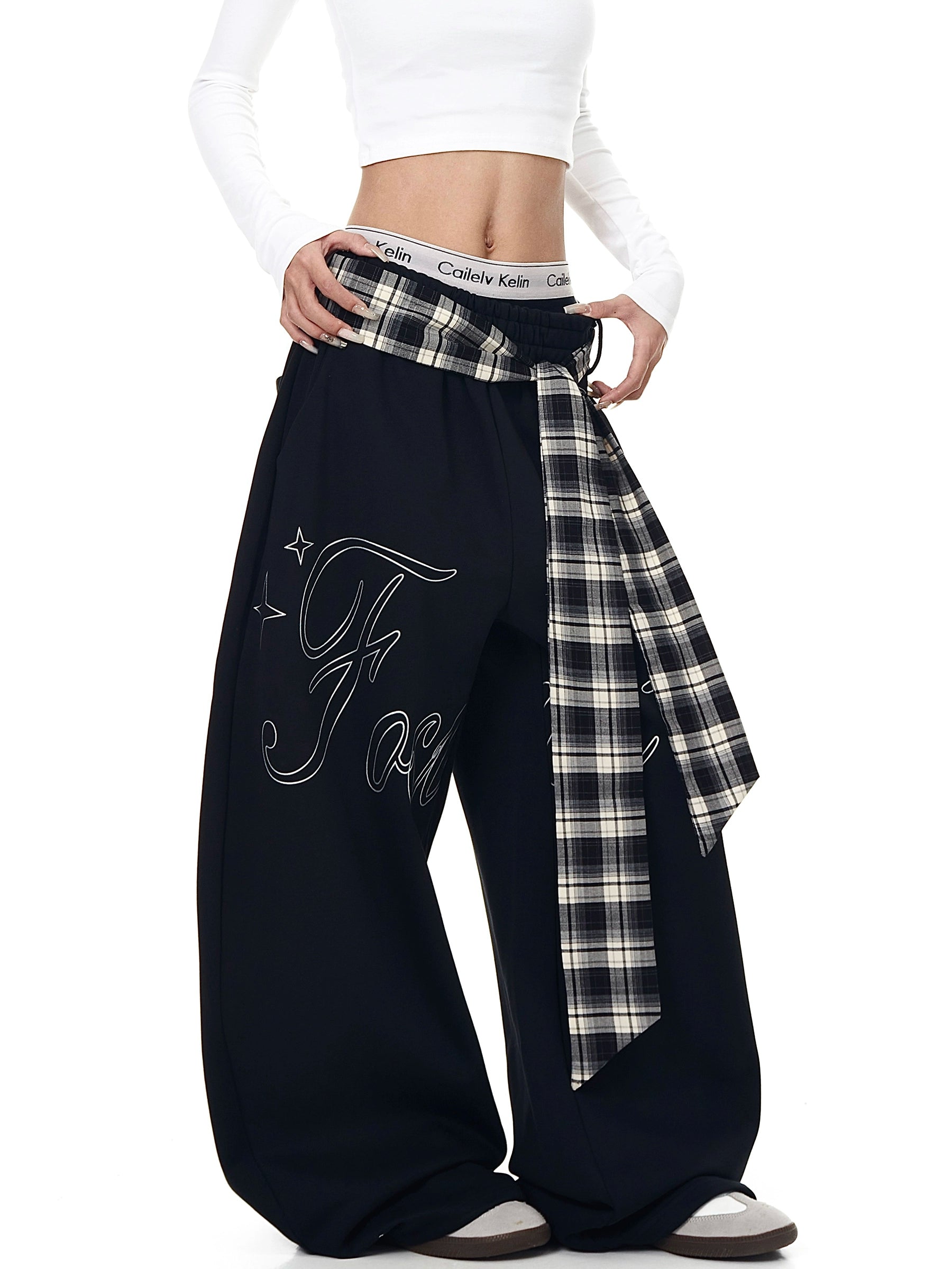 Plaid Lace-Up Letter Print Curved Sweatpants