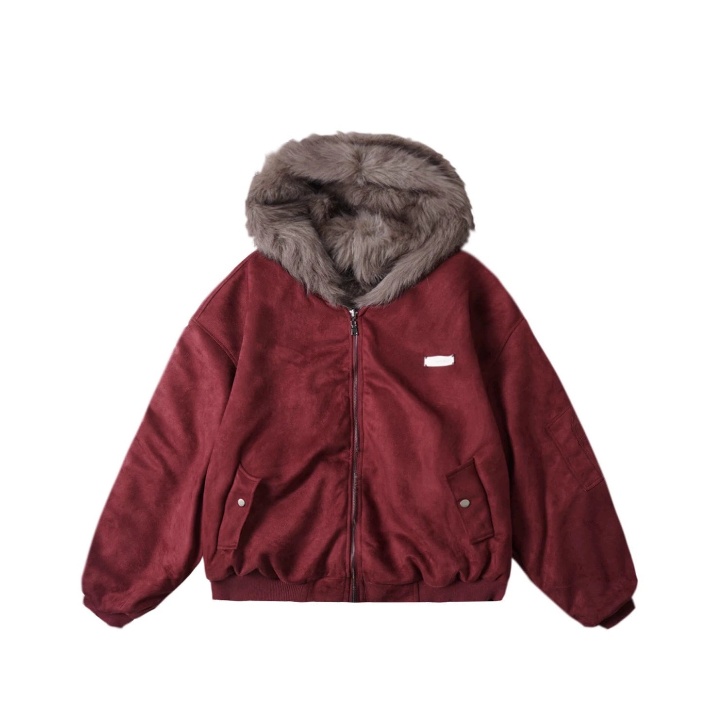 Reversible Suede-Fleece Hawk Fur Hooded Jacket