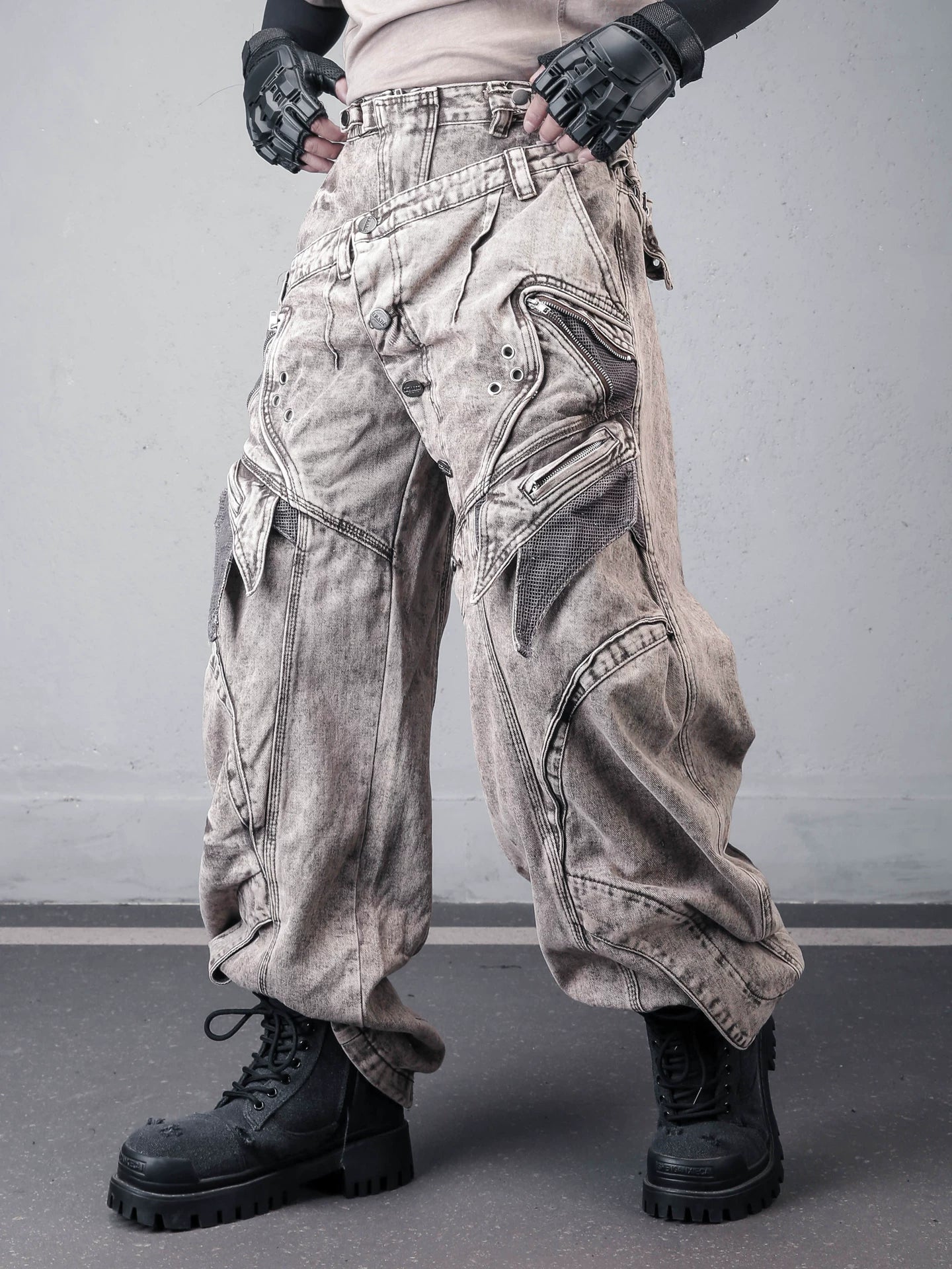 Sanhoostudio wide leg denim pants featuring double waist design, distressed wash, and scythe-cut silhouette. Designed for modern streetwear styling with a loose fit, durable structure, and bold urban aesthetic for everyday wear.