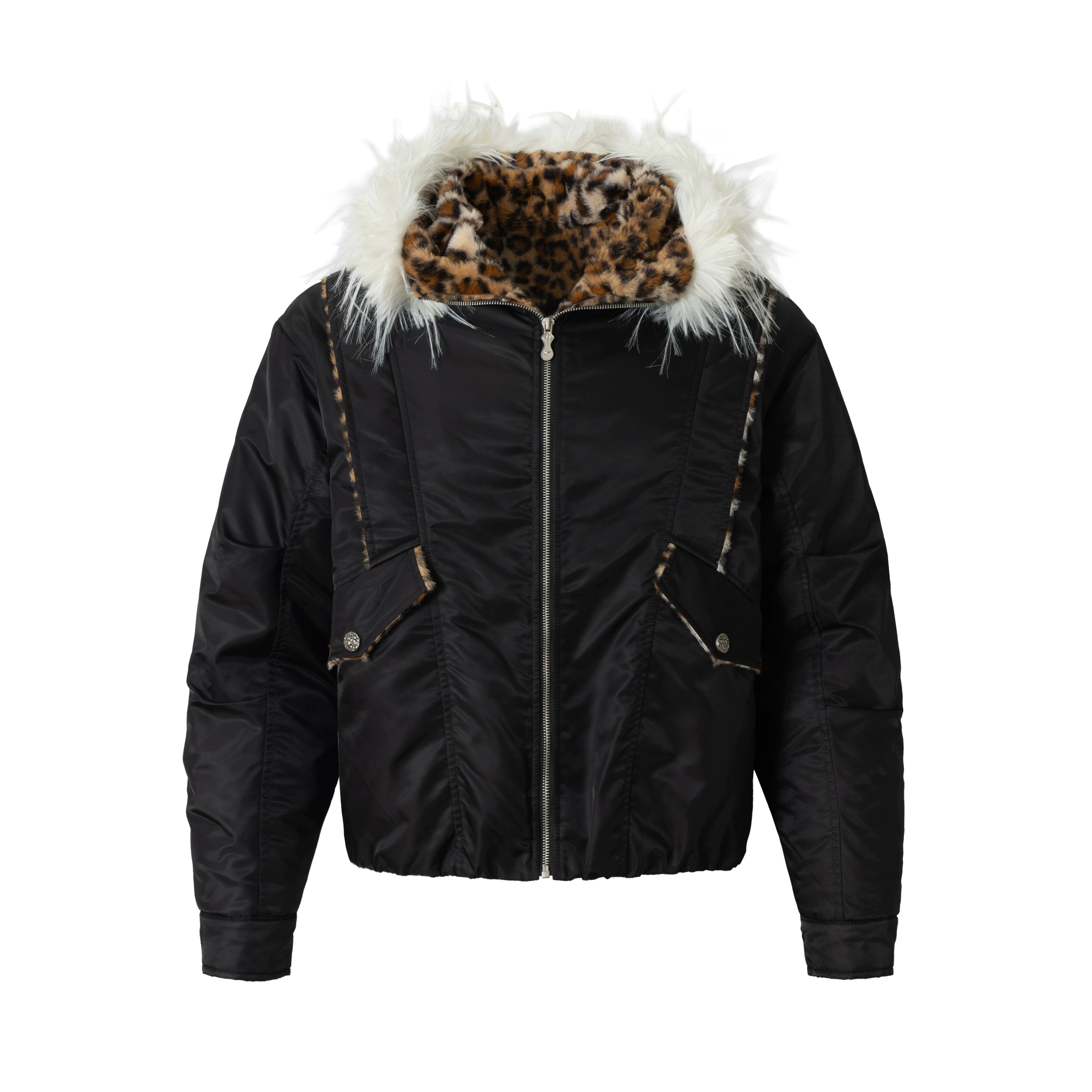 A bold leopard patchwork hooded puffer with long-fur panels and warm thick padding. Designed by Sanhoostudio for high-impact winter streetwear.