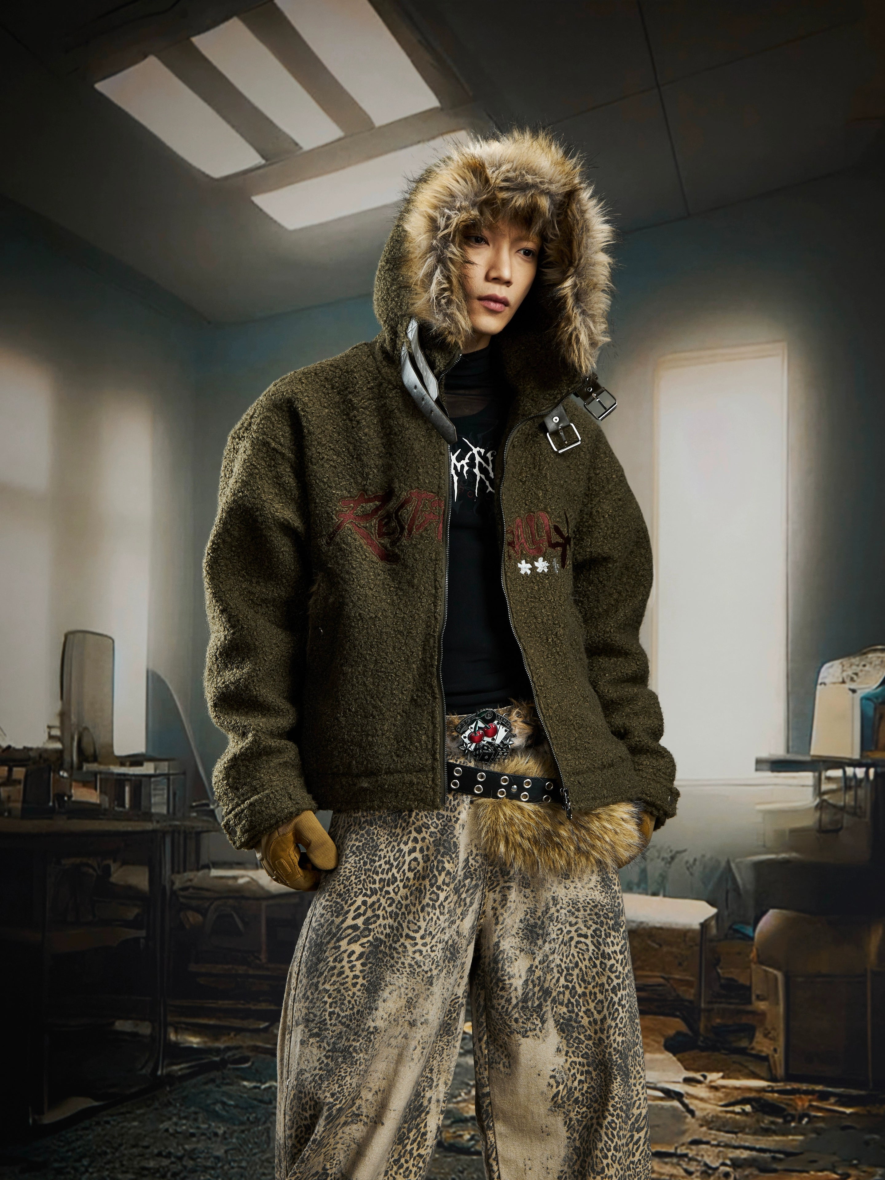 Embroidered Faux-Shearling Belted Hooded Puffer Coat