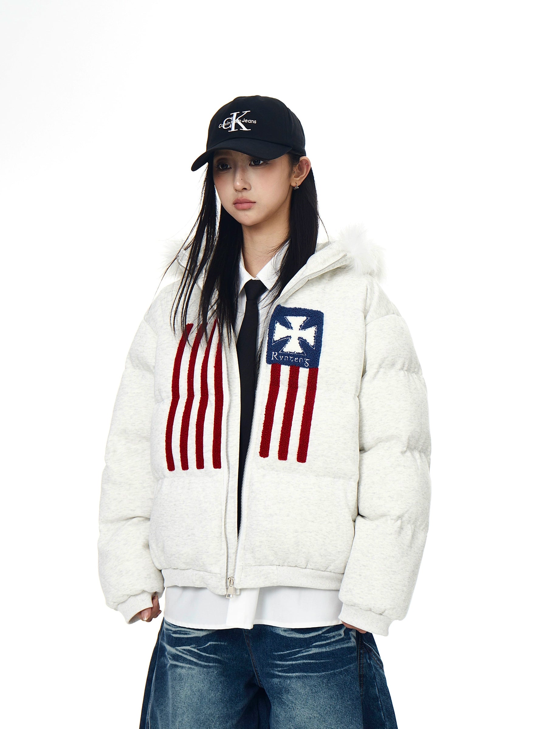 Flag Embroidered Fur-Hood Padded Puff Jacket