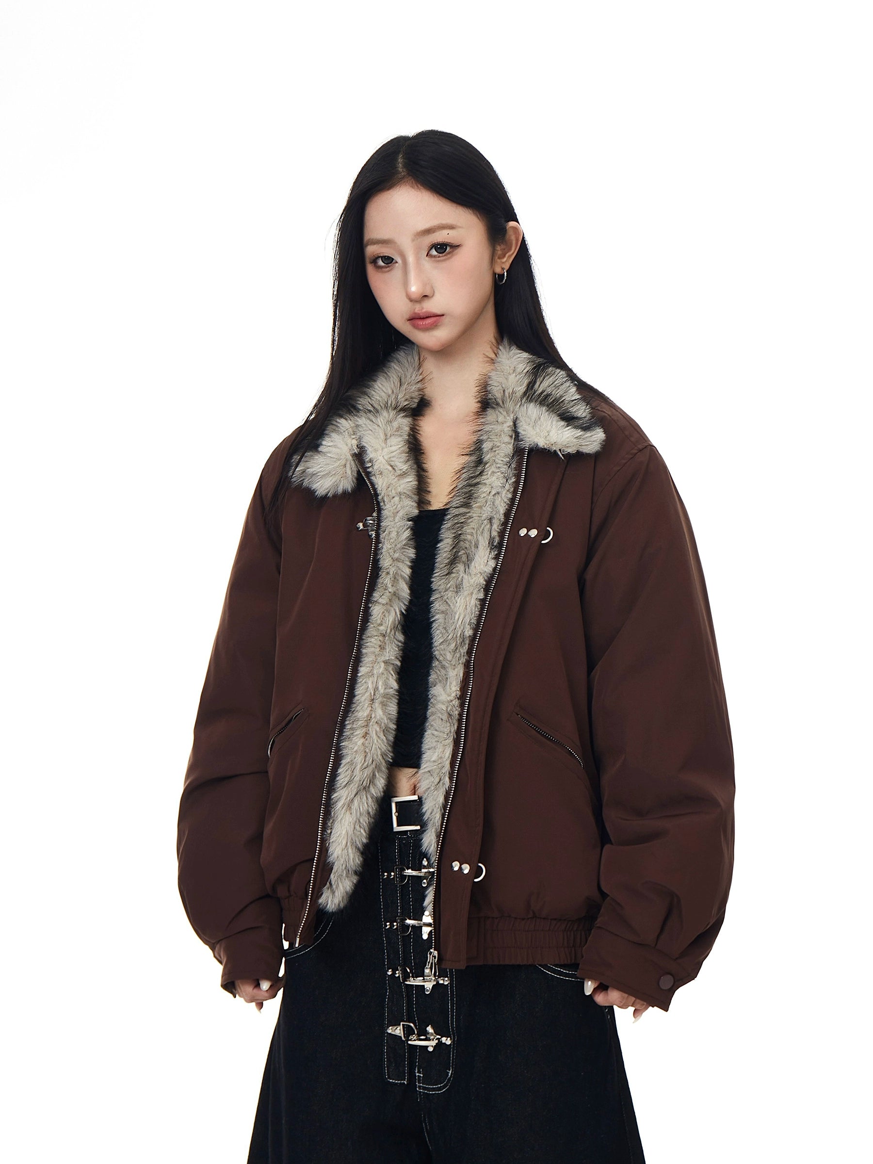 High-Street Bomber Jacket with Fur Collar