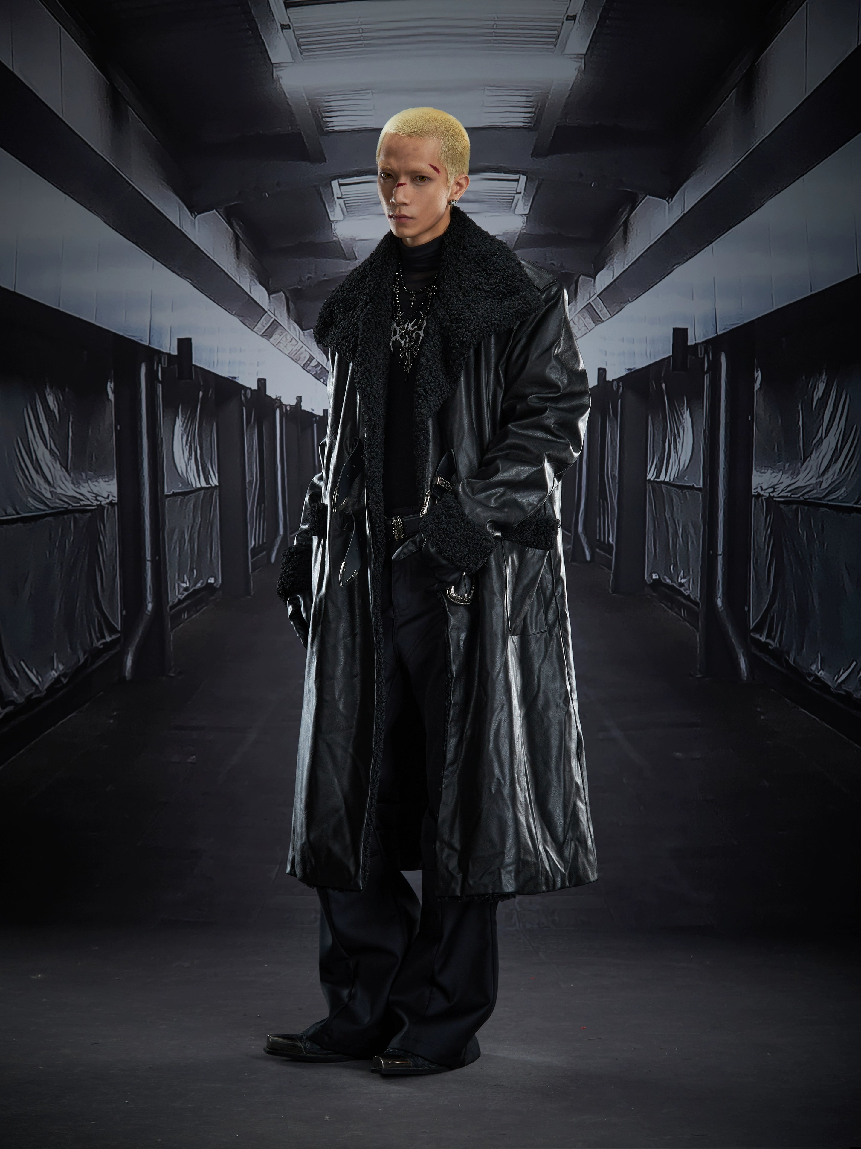 Belted Shearling-Lined Oversized Leather Trench Coat