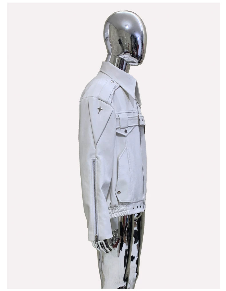 Sanhoostudio White Lapel PU Leather Moto Jacket