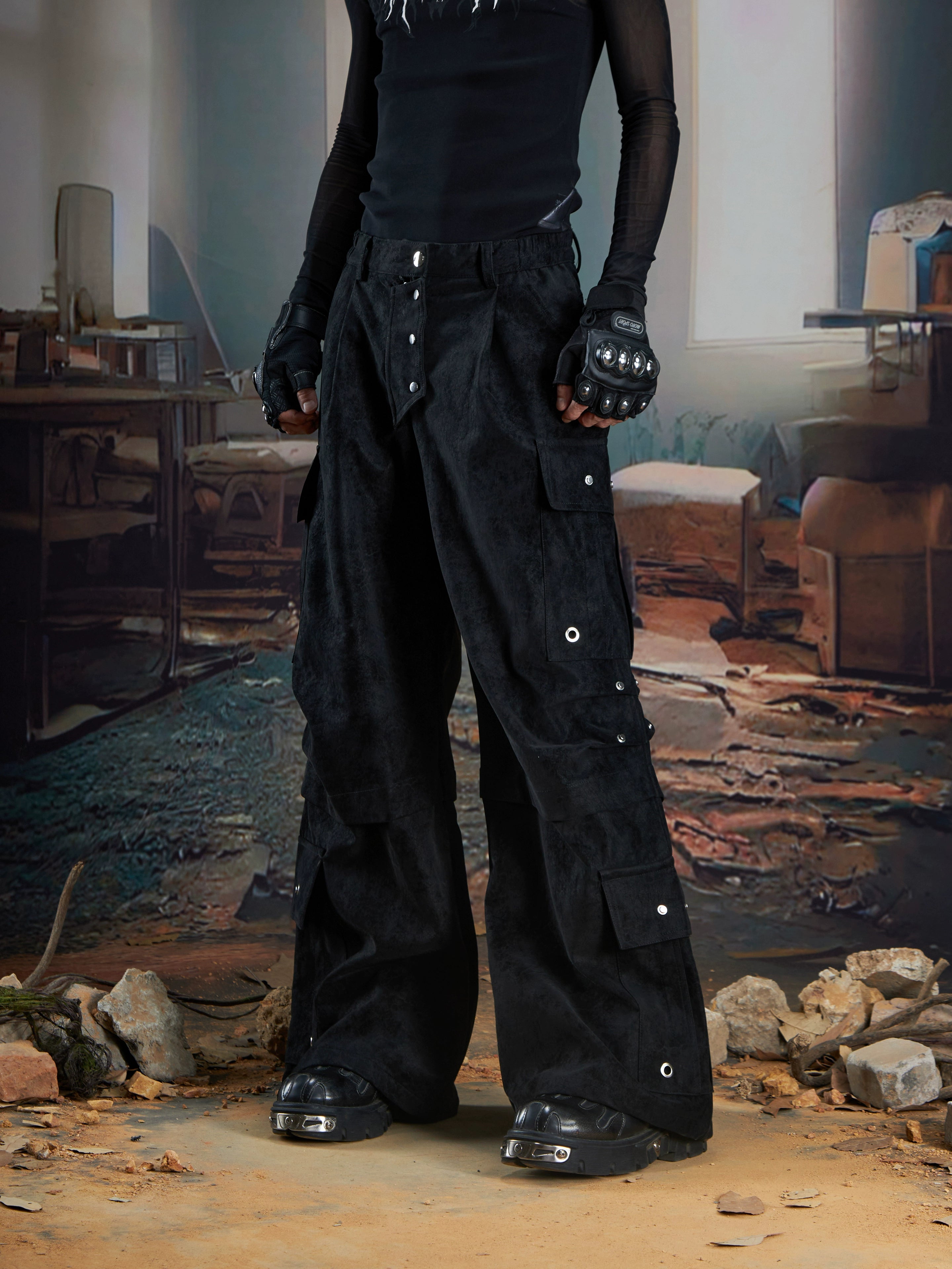 Matte Leather Multi-Pocket Studded Straight Pants