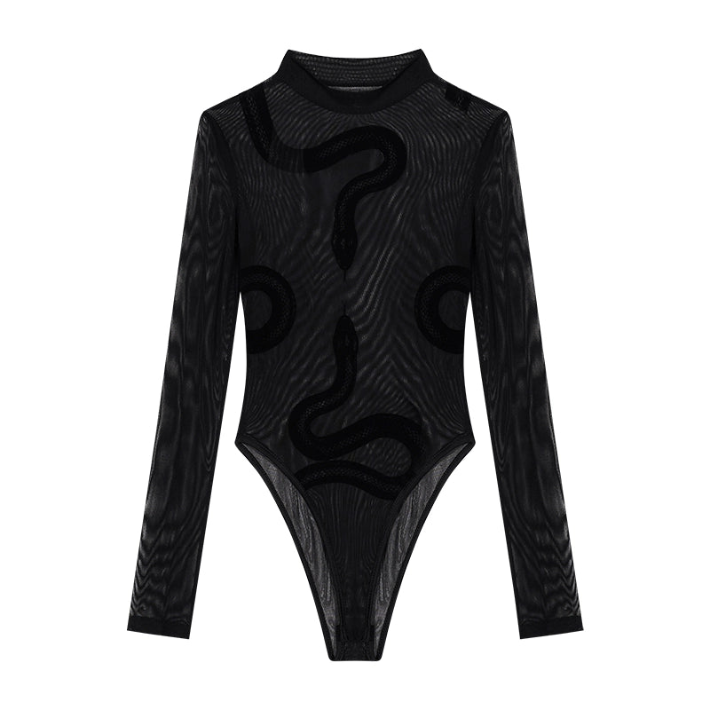 Unleash your futuristic allure with Sanhoostudio’s Cyberpunk Sheer Mesh Bodysuit. Designed with see-through black fabric and a slim fit silhouette, it delivers bold confidence and edgy street charm for modern girls.