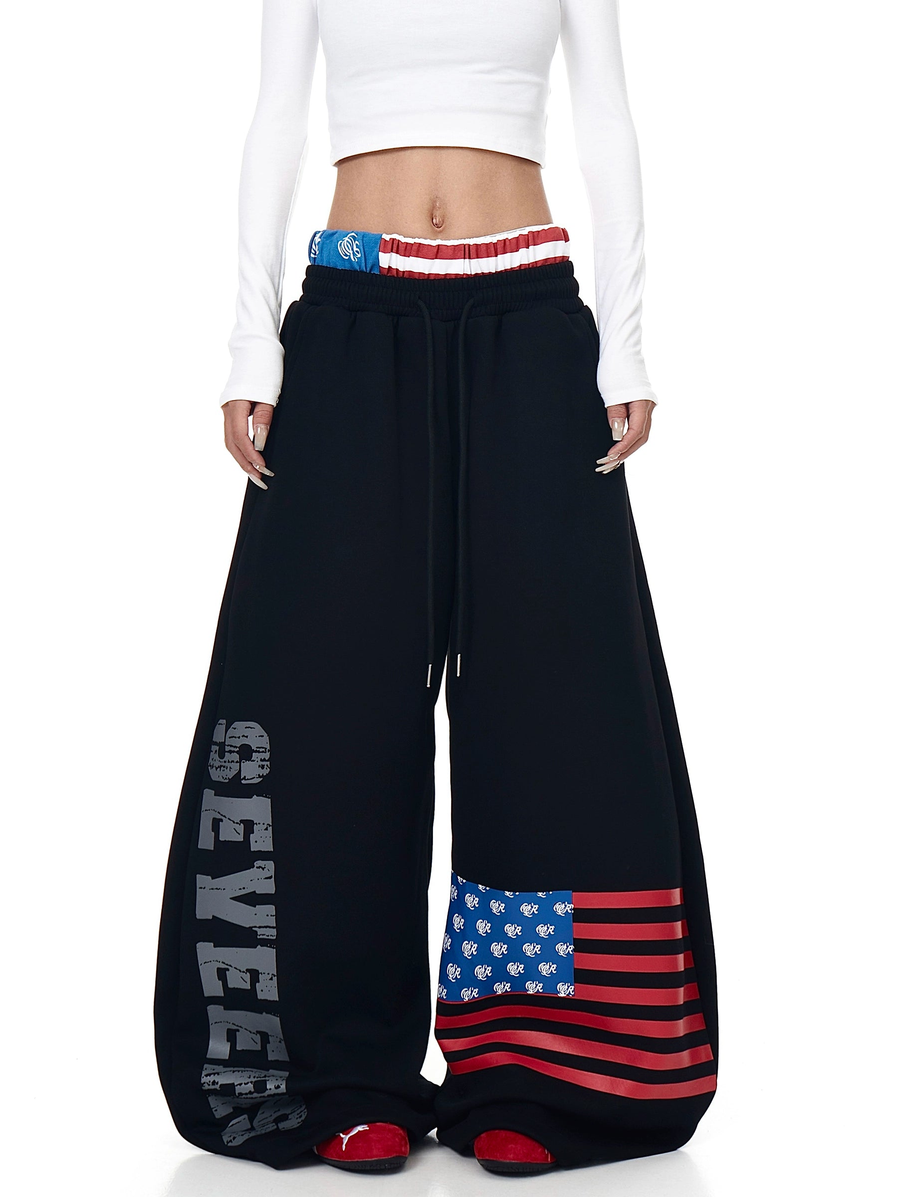 American Flag Print Wide-Leg Sweatpants