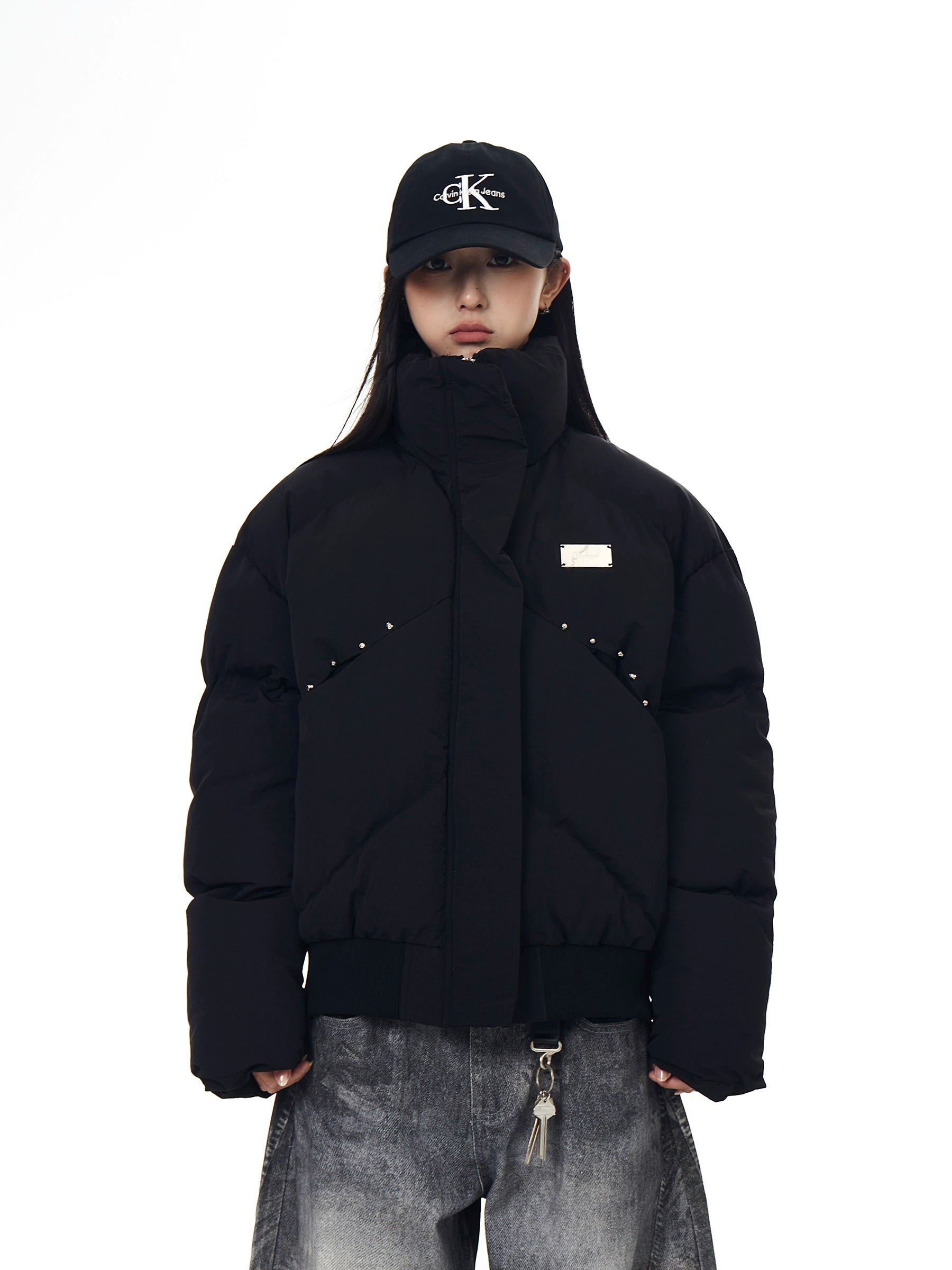 Studded Deconstructed Stand-Collar Puffer Jacket