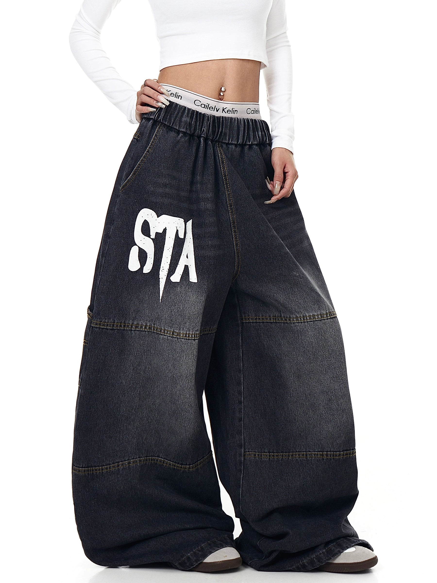 Washed Letter Vintage Loose Denim Pants
