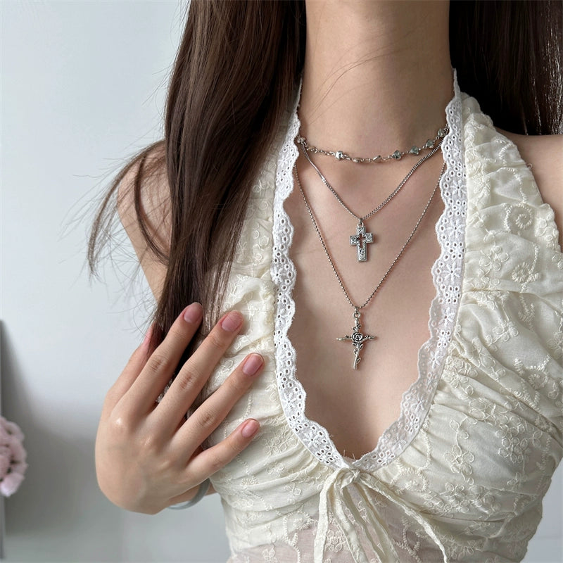 White Lace Cross Key Layered Choker Necklace