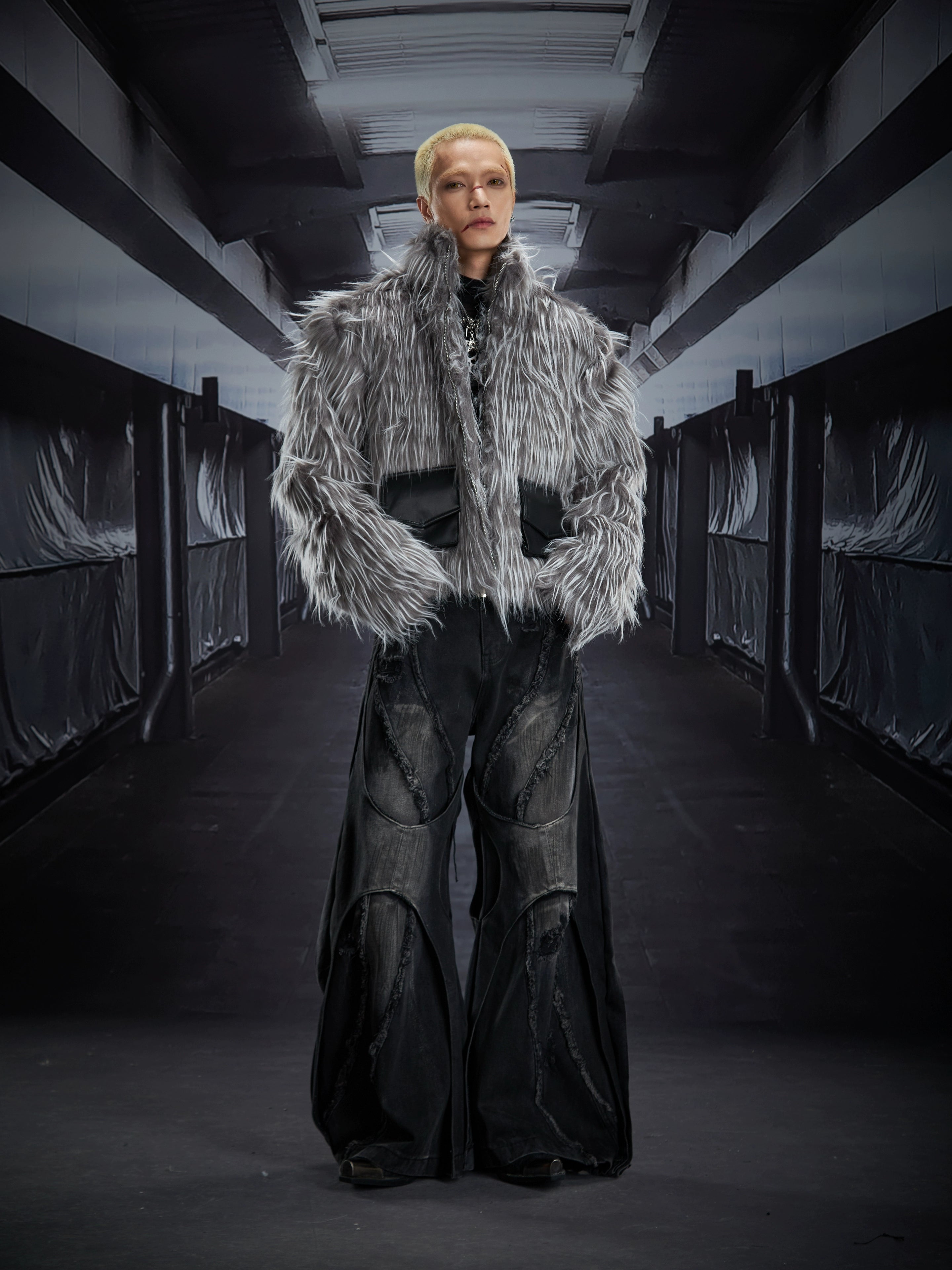 A dark Y2K fuzzy cropped jacket with a plush long-hair texture and premium street aesthetic. Designed by Sanhoostudio for bold, fashion-forward autumn and winter looks.