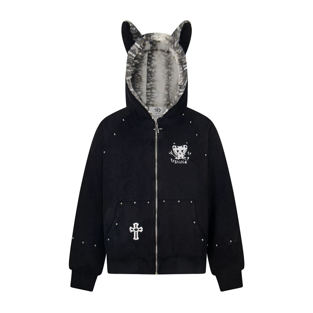 Sanhoostudio hooded puffer jacket featuring devil cat, cross, and mountain eagle graphics. Designed with a relaxed fit, thick padding, and winter insulation for edgy dark street style.