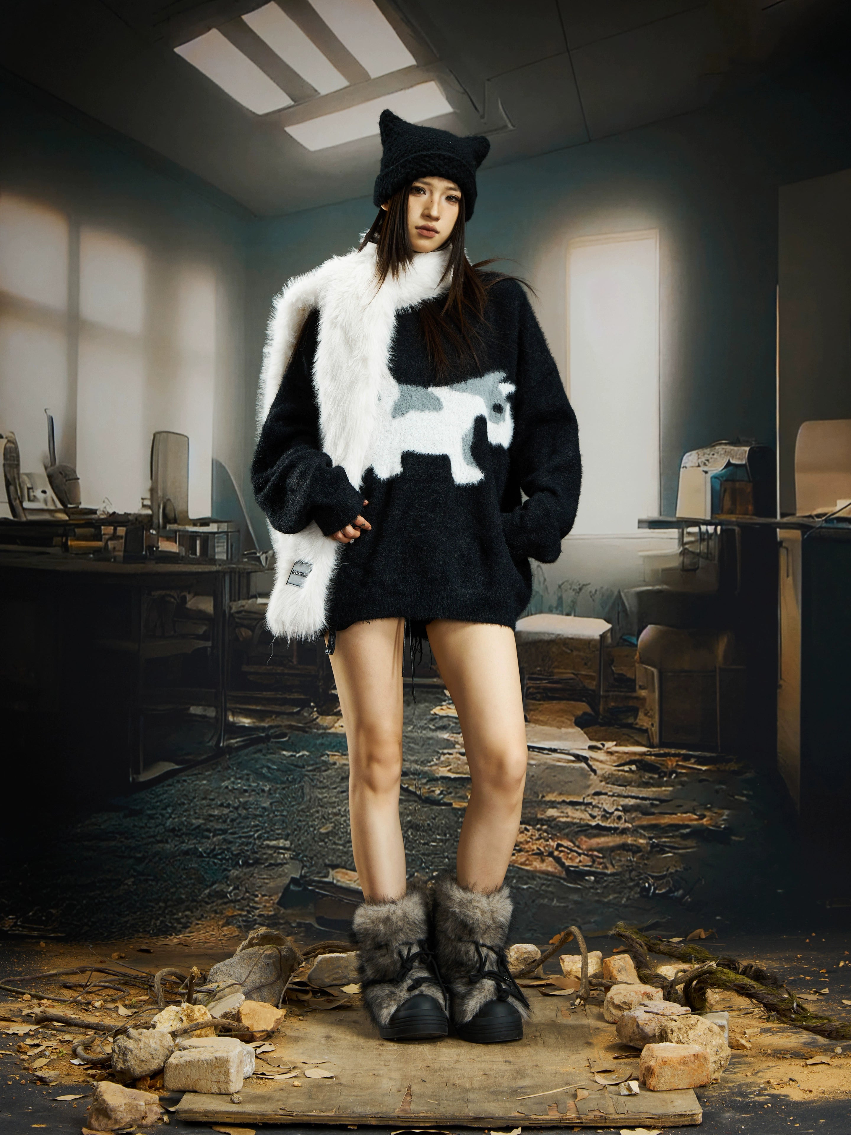 A soft mohair-inspired dog-pattern knit sweater from Sanhoostudio, featuring a relaxed unisex silhouette and warm cozy texture for winter streetwear layering.