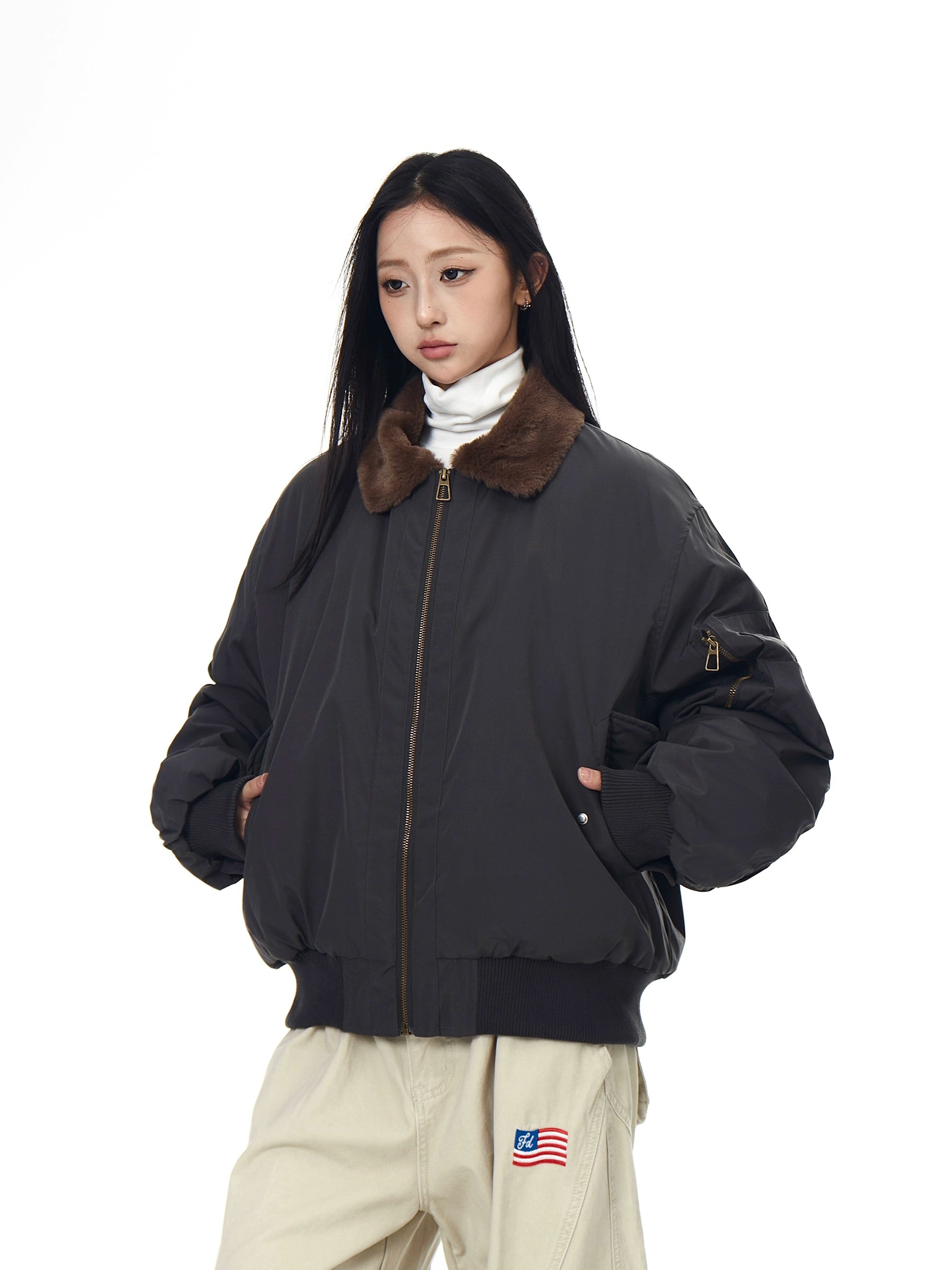 Bomber Shearling-Collar Spliced Flight Puffer Jacket