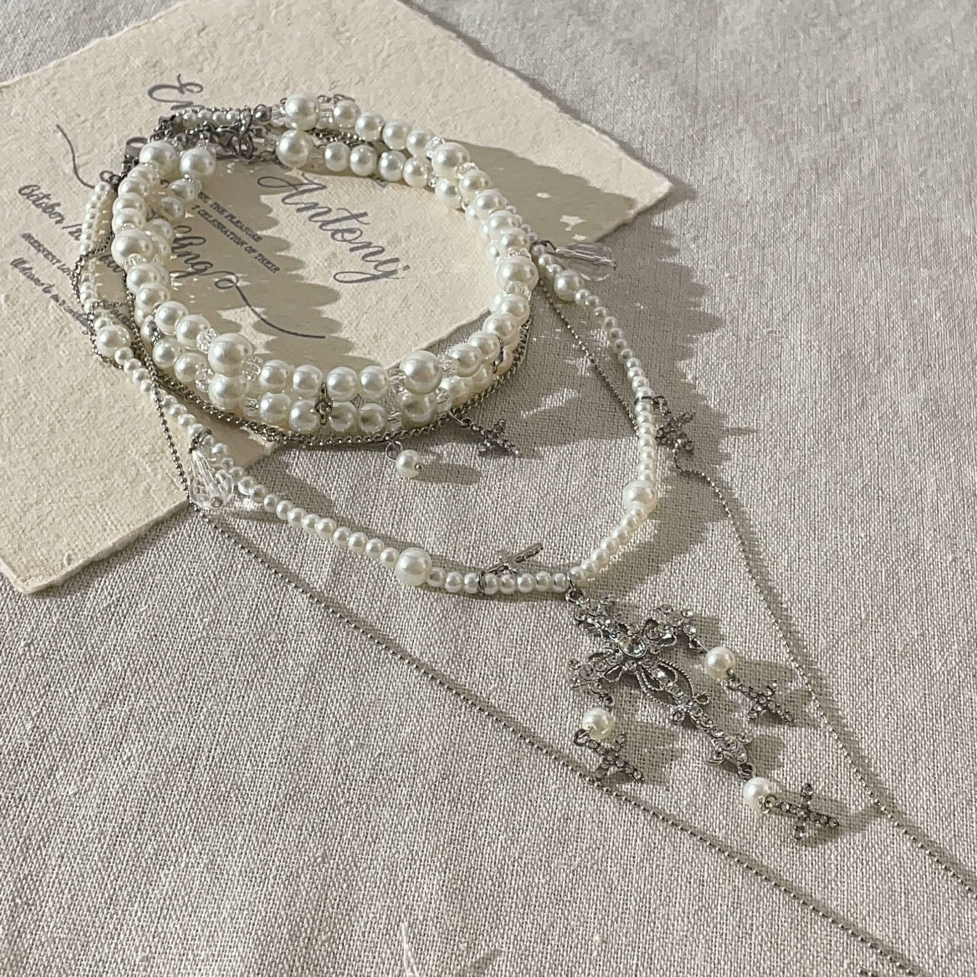 Layered Cross Pearl Choker Necklace