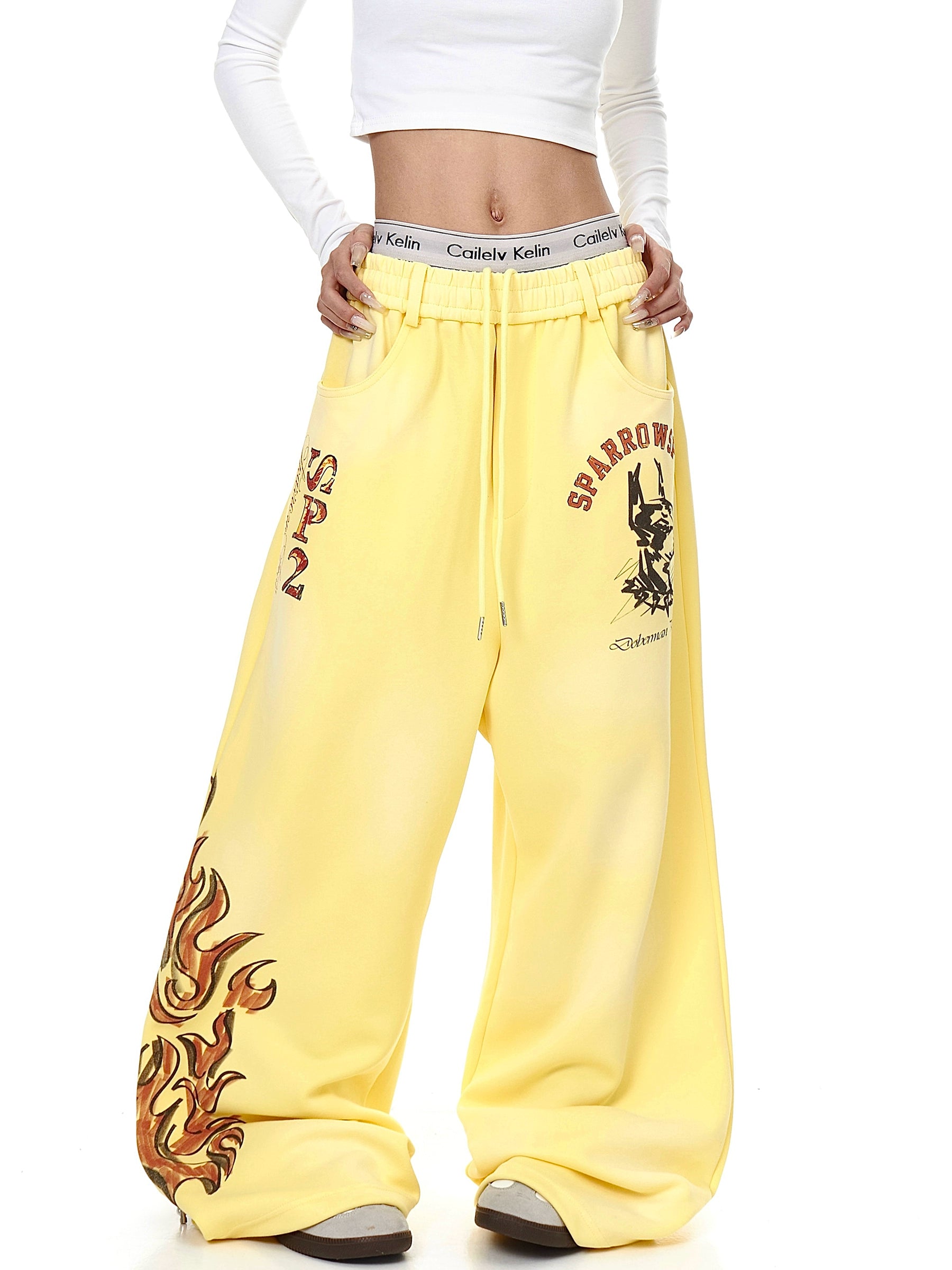 Hand-Painted Flame Print Straight Sweatpants