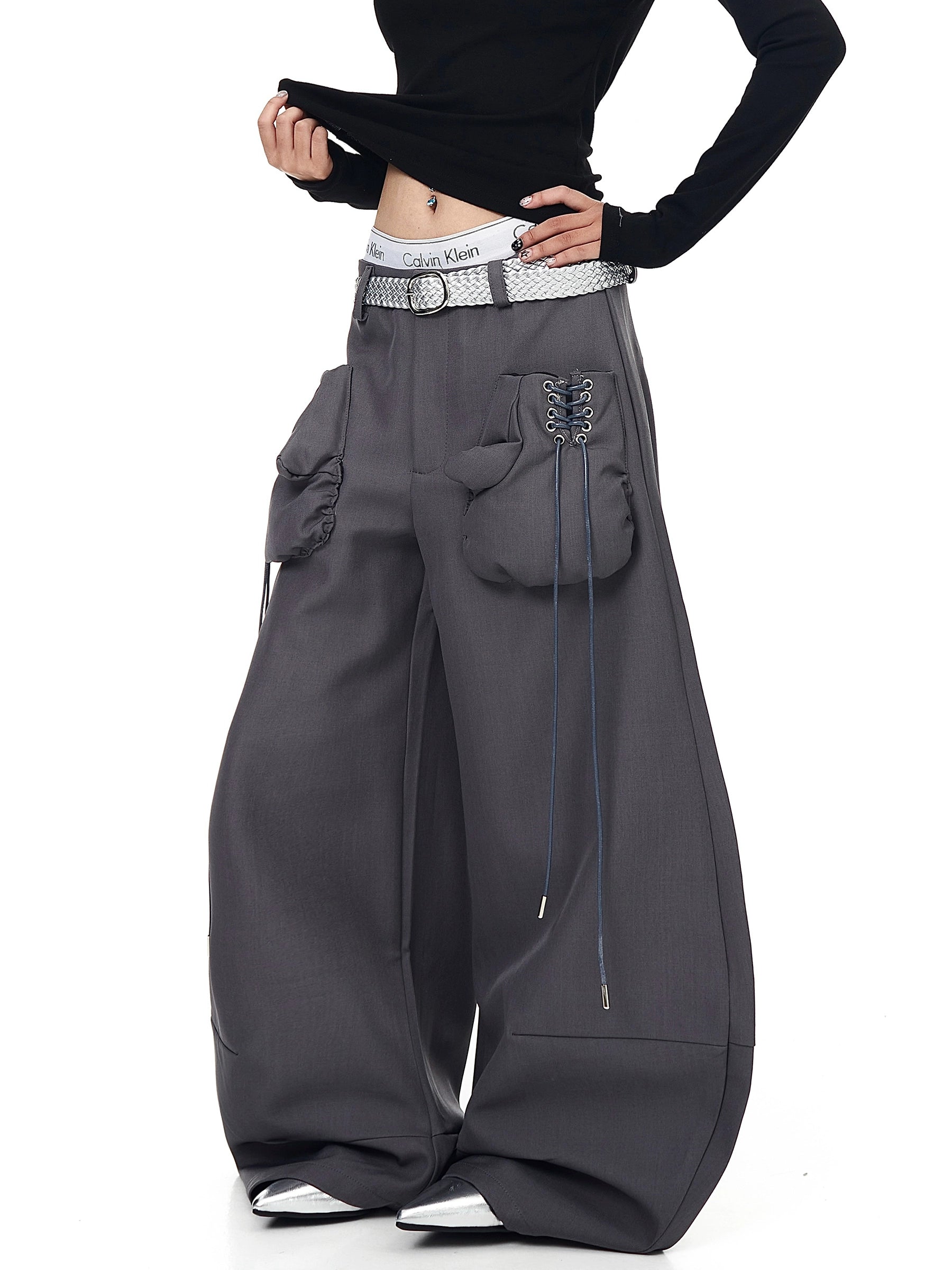 Gray 3D Boxing Glove Wide-Leg Denim Pants with Street Style