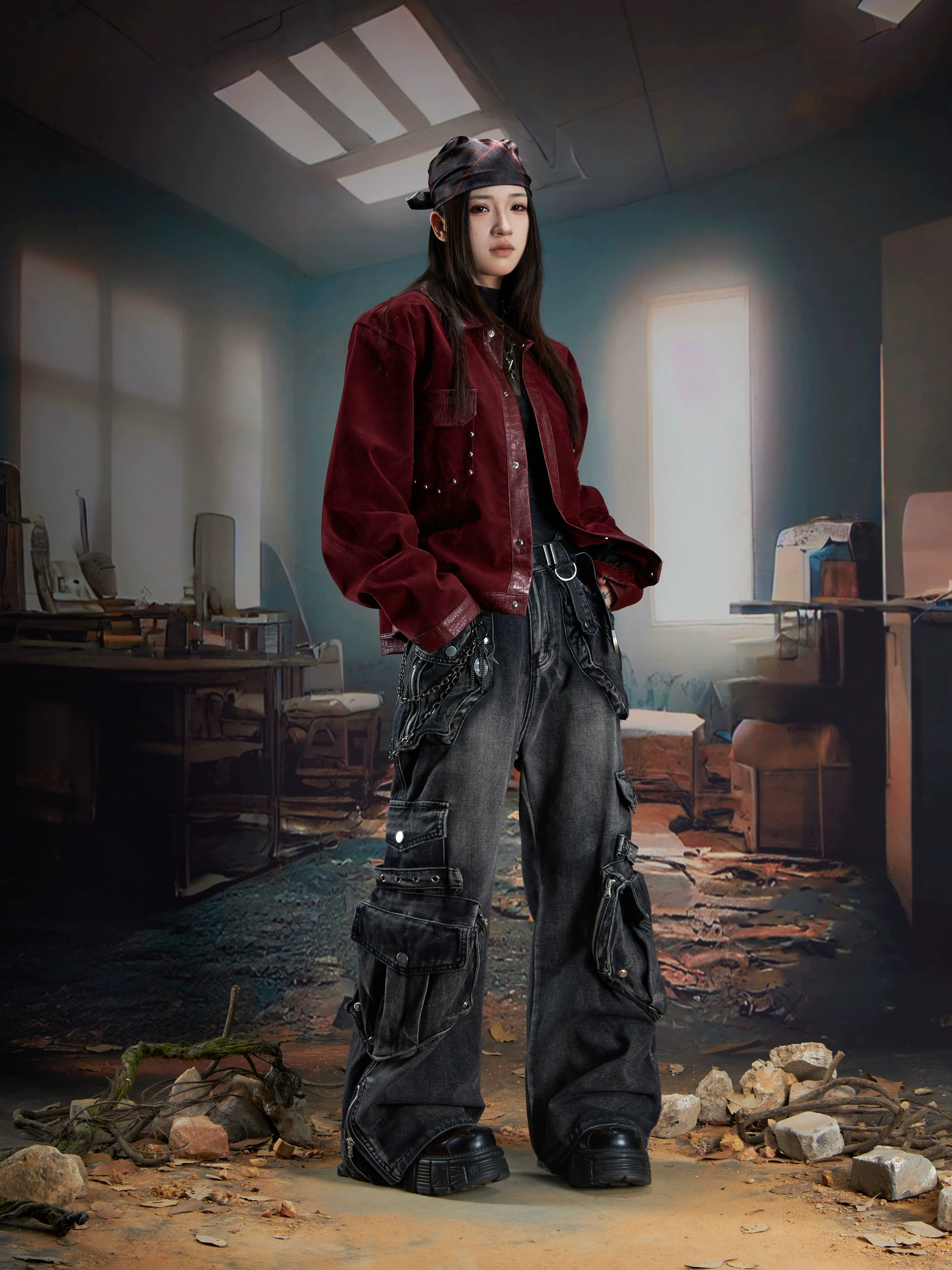 3D Utility Multi-Pocket Washed Deconstructed Cargo Jeans