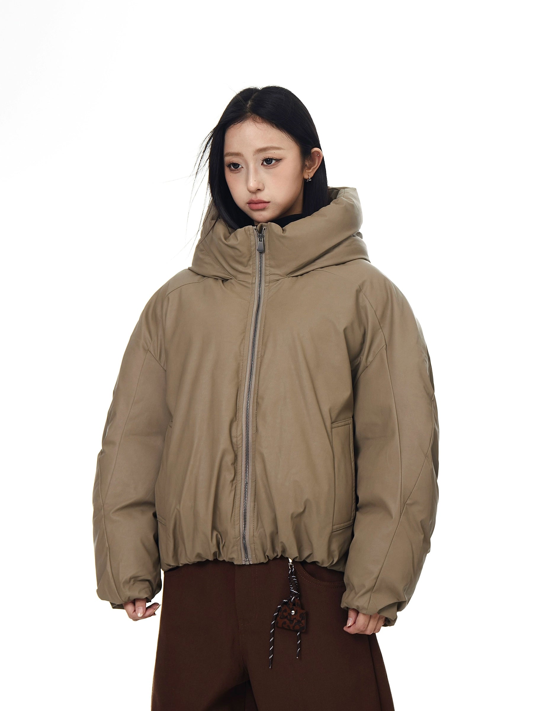 Vintage Bomber Faux-Leather Hooded Puffer Jacket