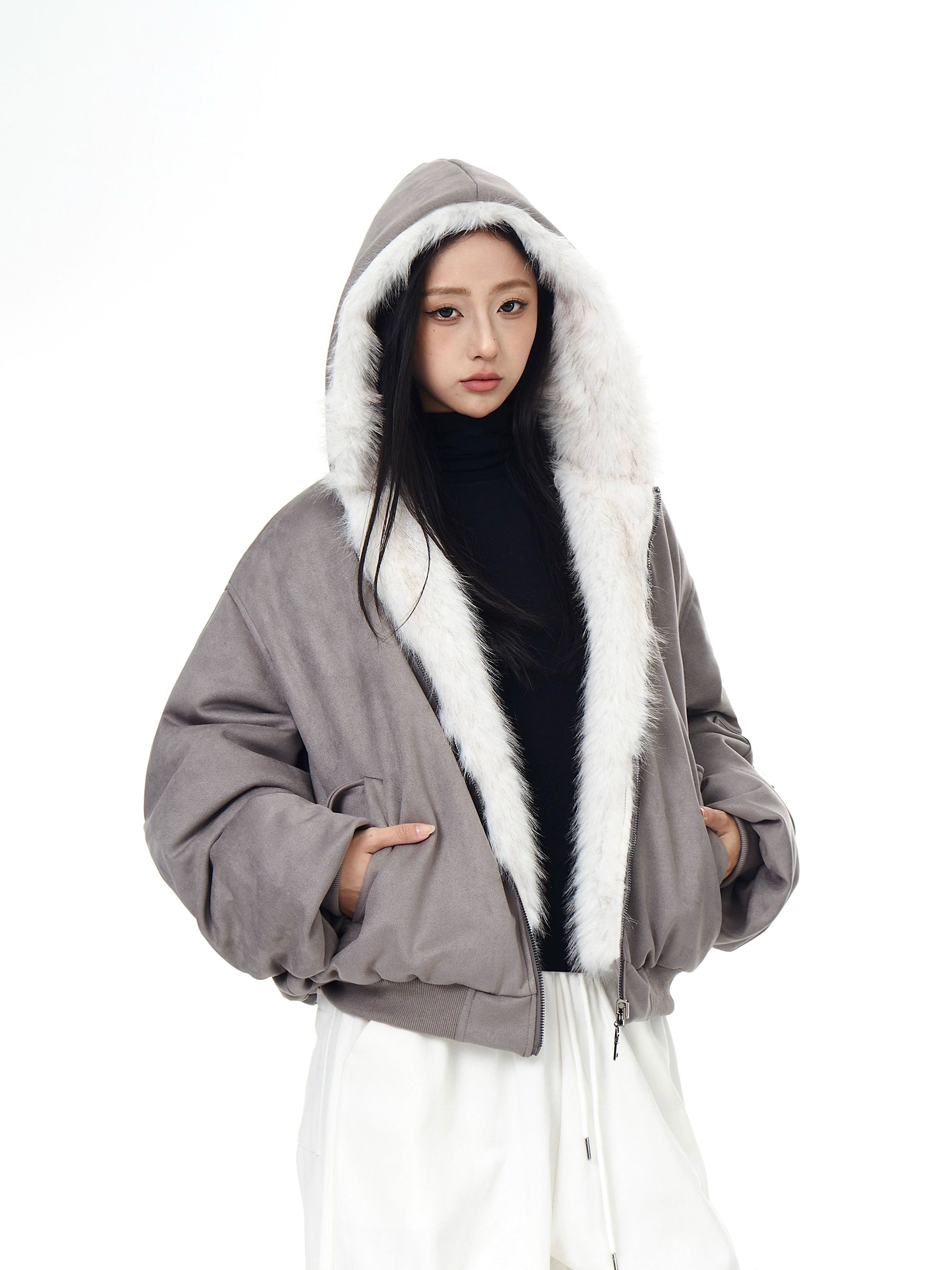 Reversible Suede-Fleece Hawk Fur Hooded Jacket