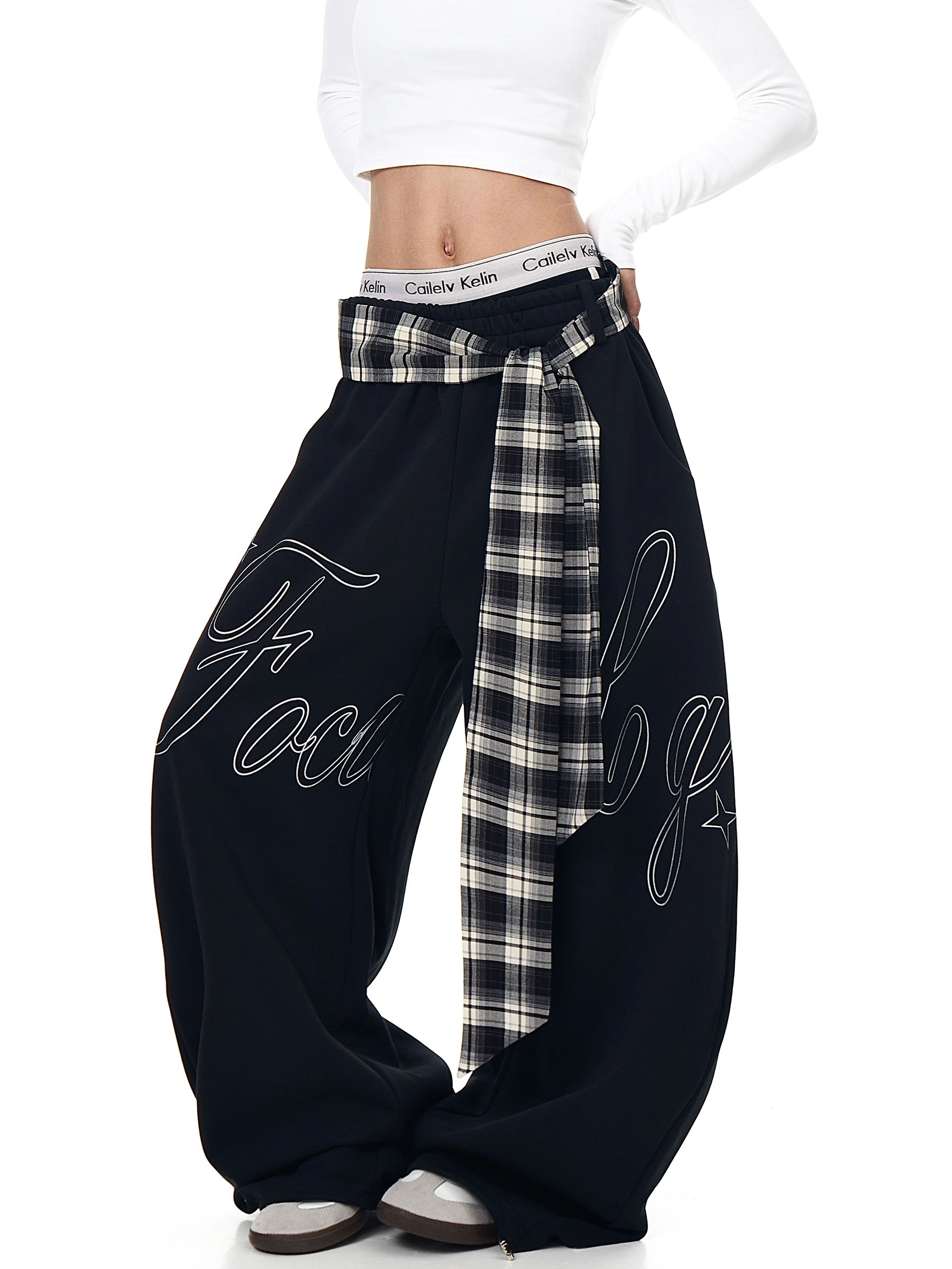 Plaid Lace-Up Letter Print Curved Sweatpants