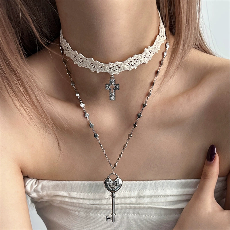White Lace Cross Key Layered Choker Necklace