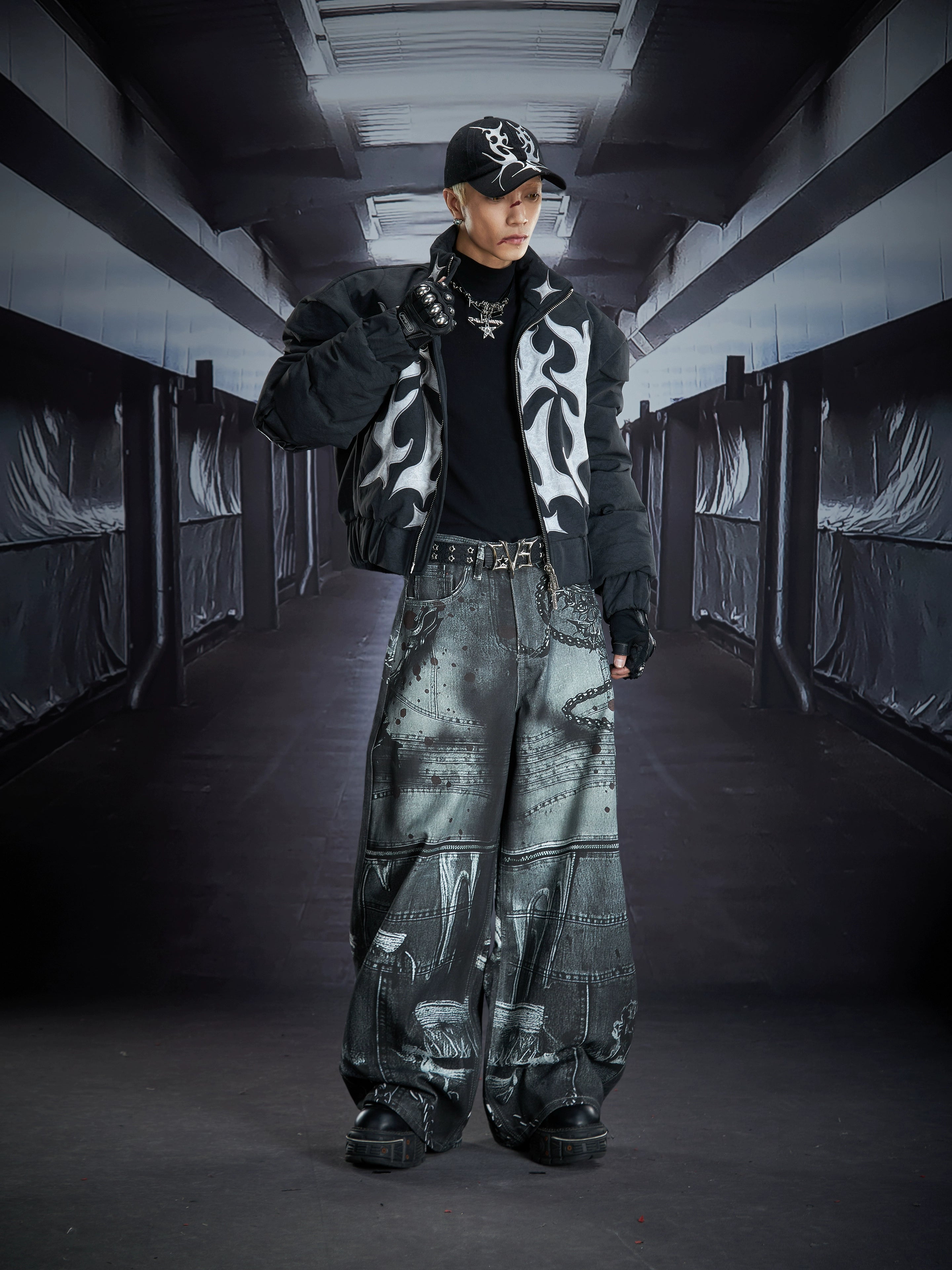 3D Chain-Print Deconstructed Punk Wide Blade-Leg Pants