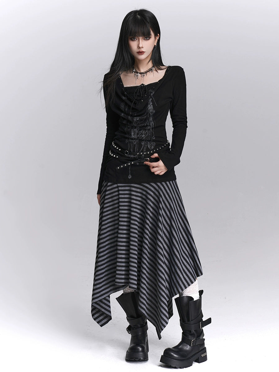 Black and Grey Striped Irregular Hem Midi Skirt