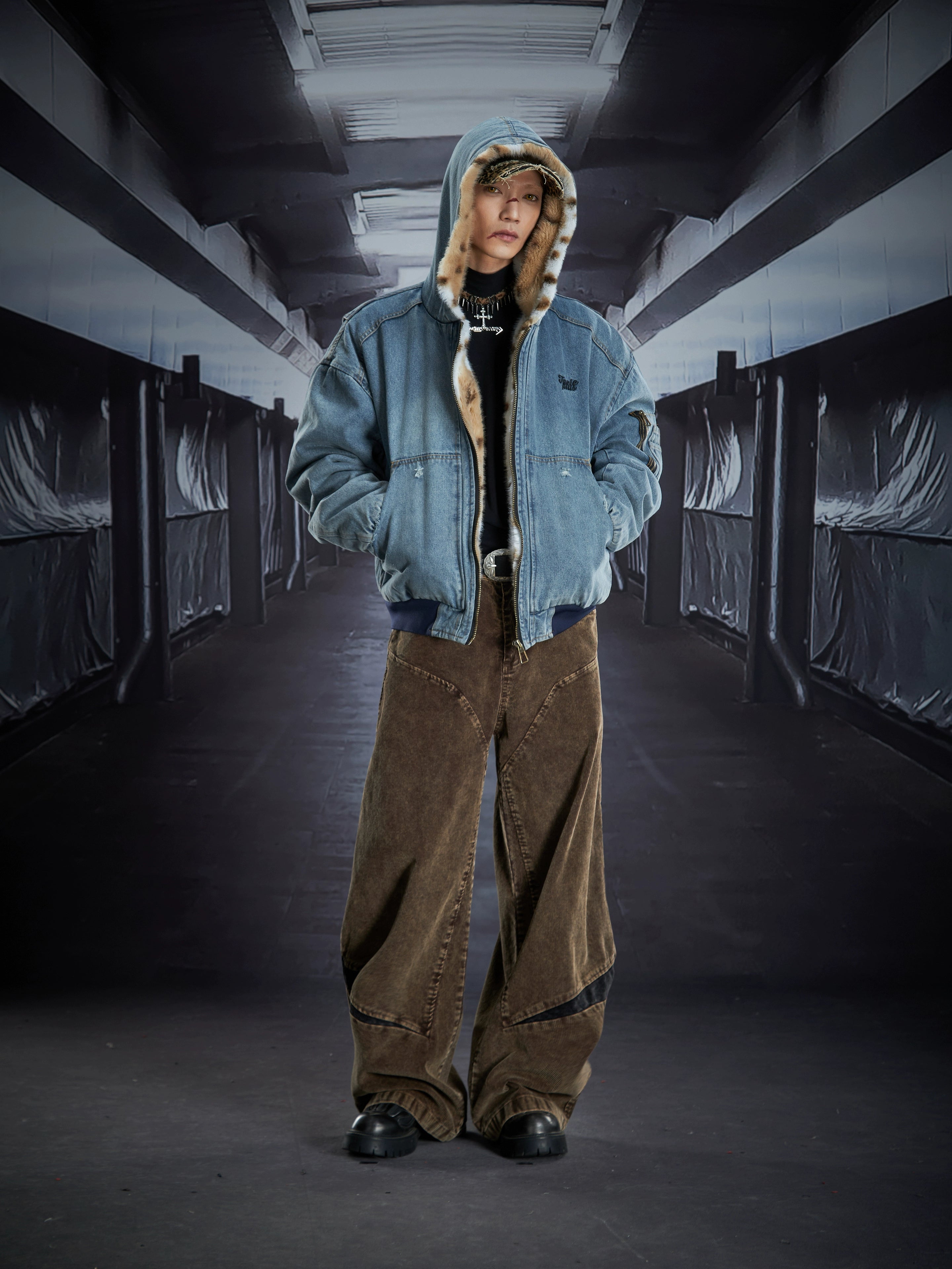 Washed Denim Leopard-Fur Hooded Puffer Jacket