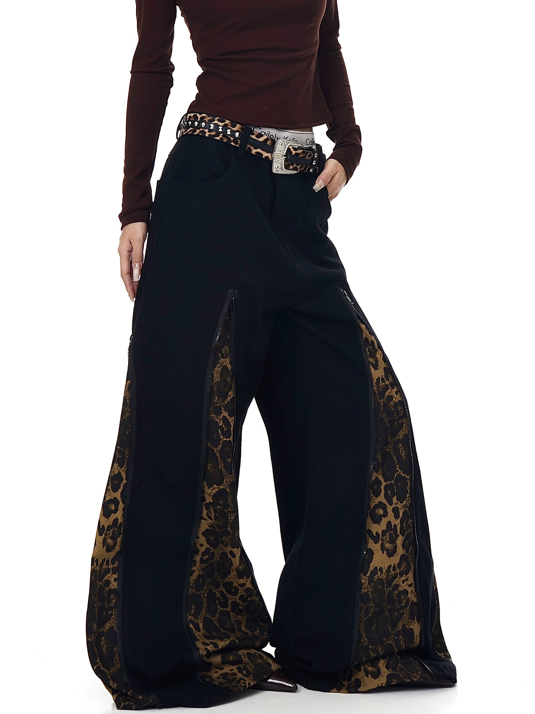 Zipper Patchwork Leopard Flare Denim Jeans