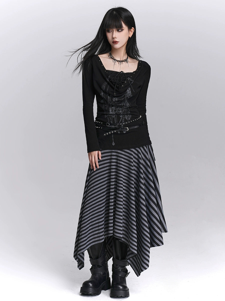 Black and Grey Striped Irregular Hem Midi Skirt