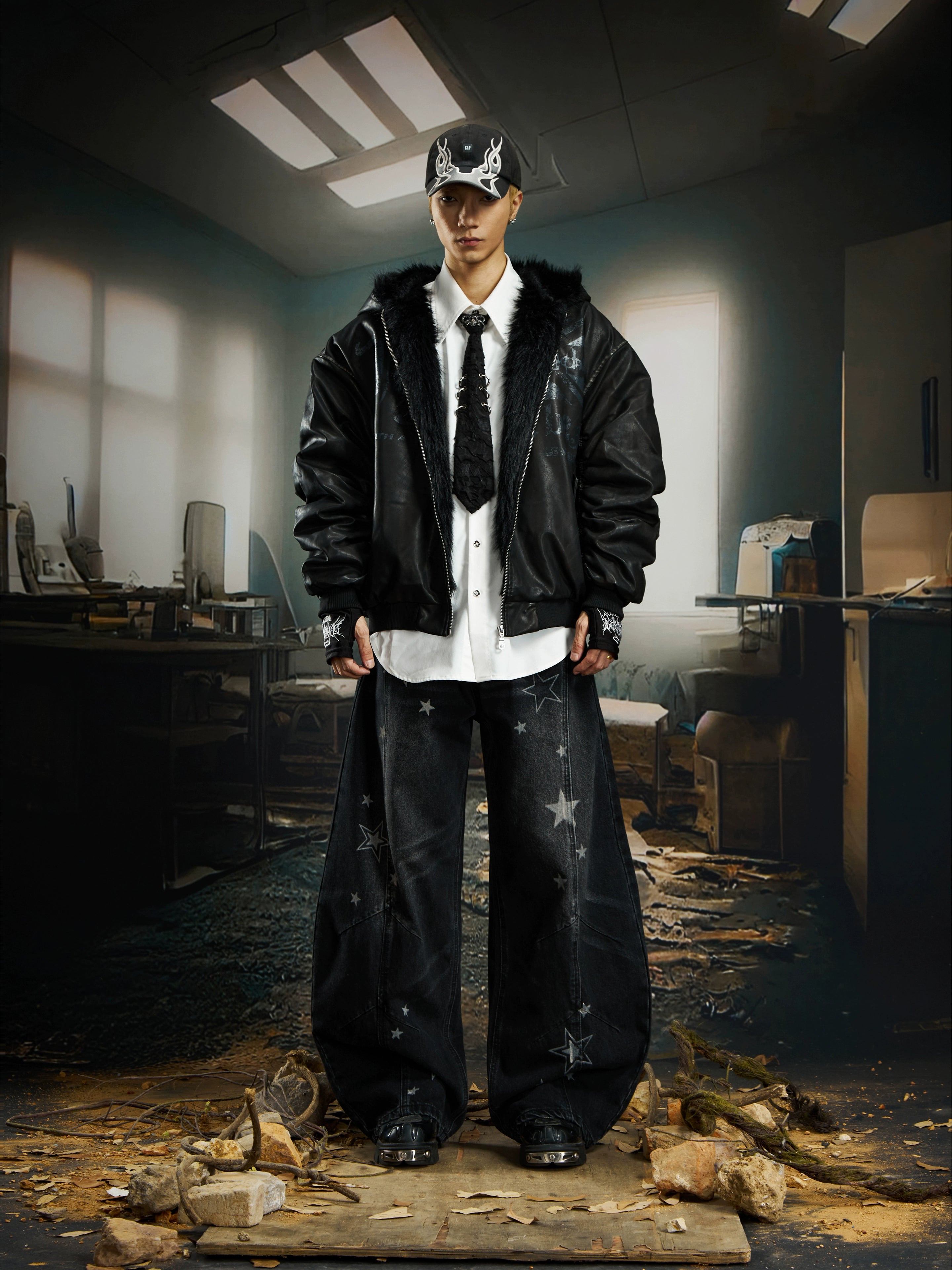 Distressed Dark Print Fur-Collar Hooded Padded Jacket