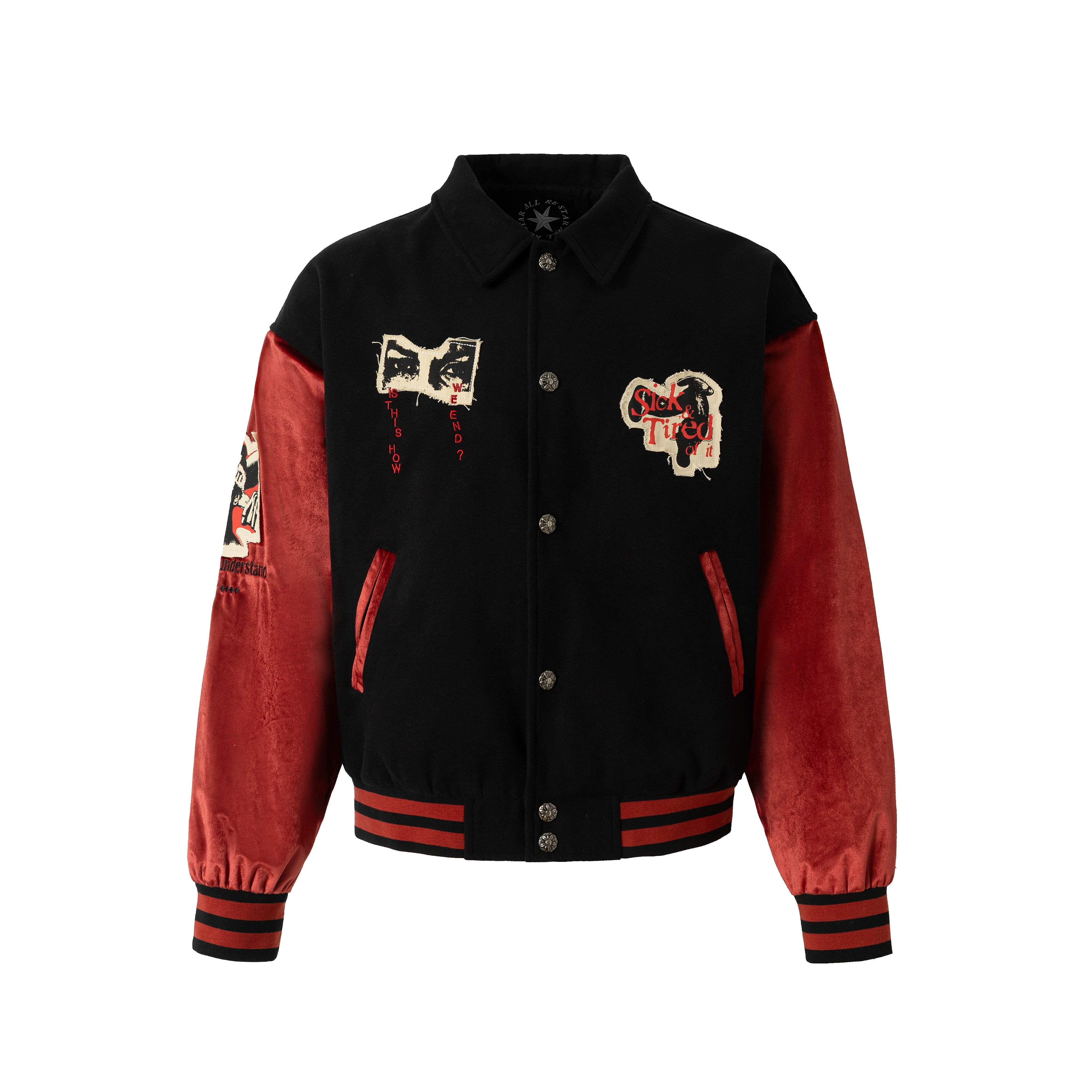 Red and Black Patchwork Vintage Varsity Jacket