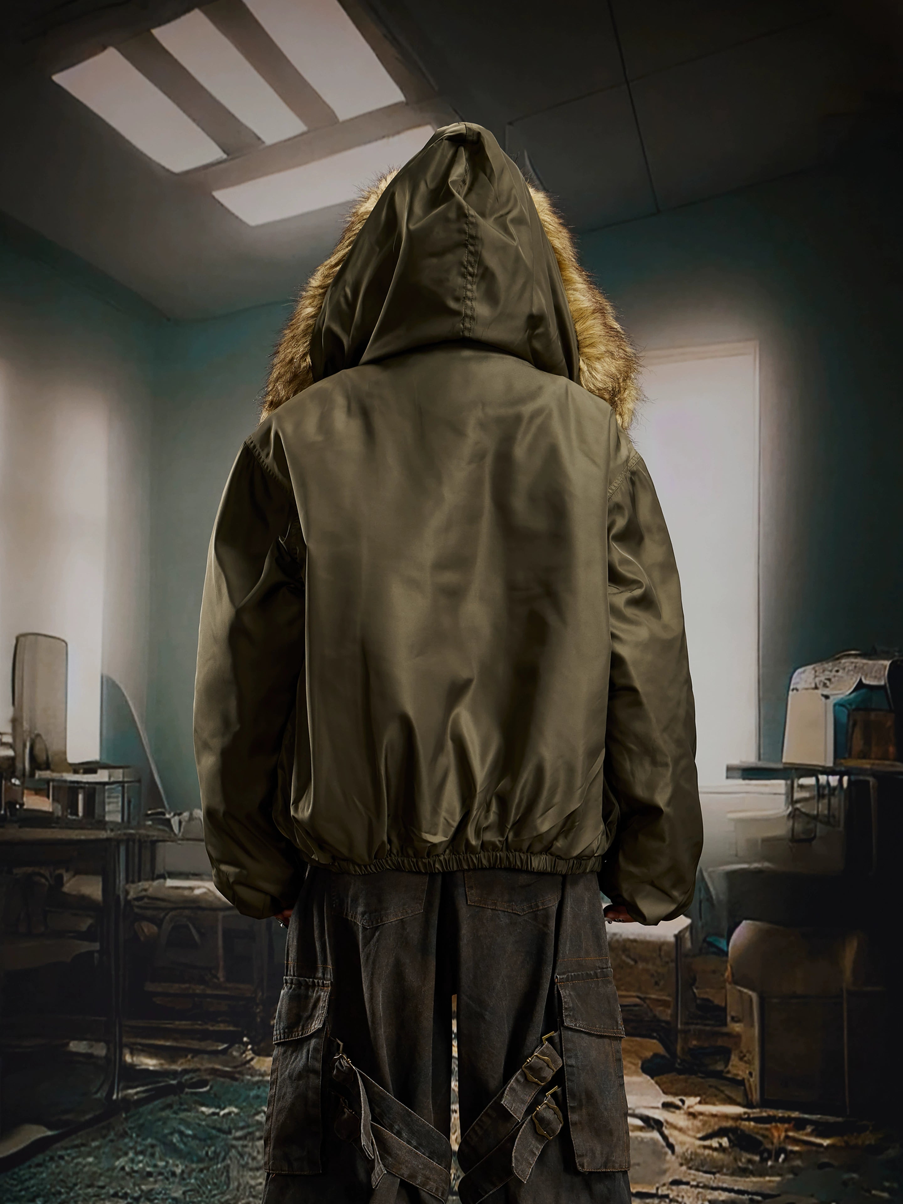 Oversized Fur-Trim Hooded Puffer Coat with Patchwork Design