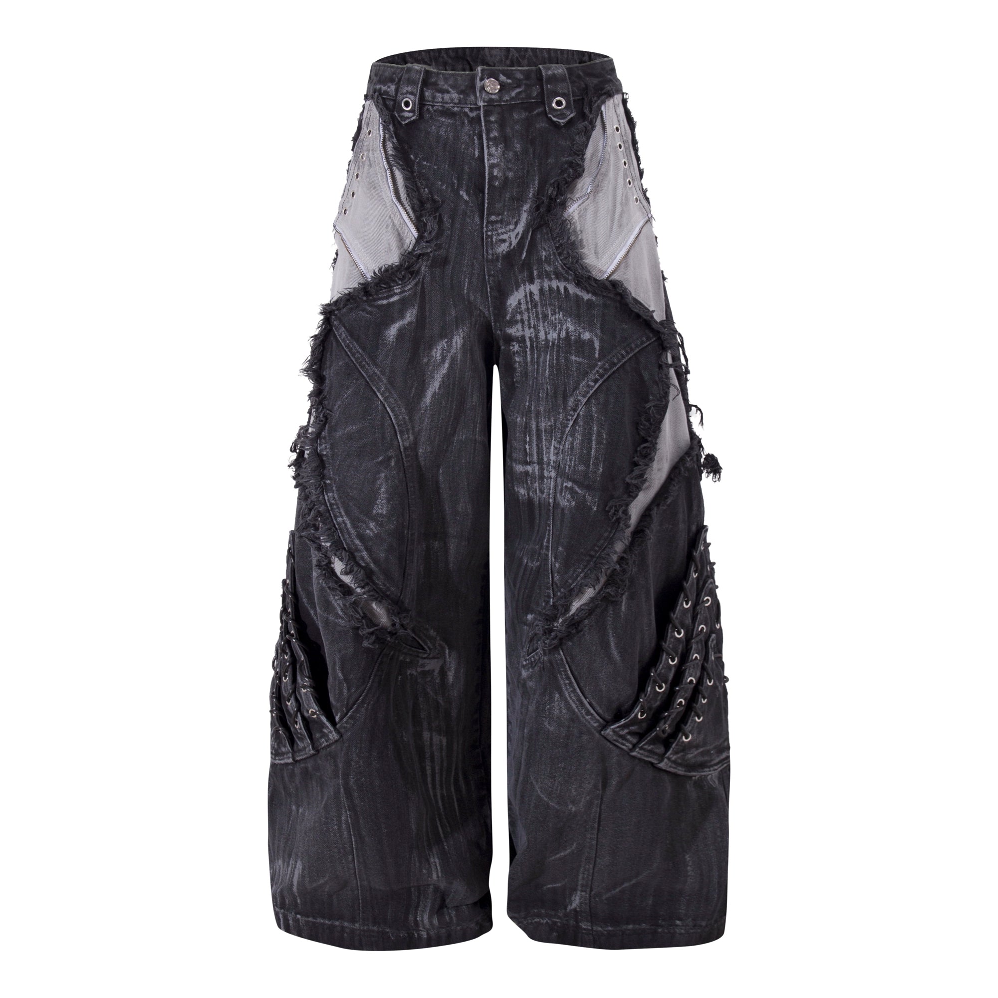 Heavy Washed Patchwork Distressed Deconstructed Wide-Leg Denim Pants