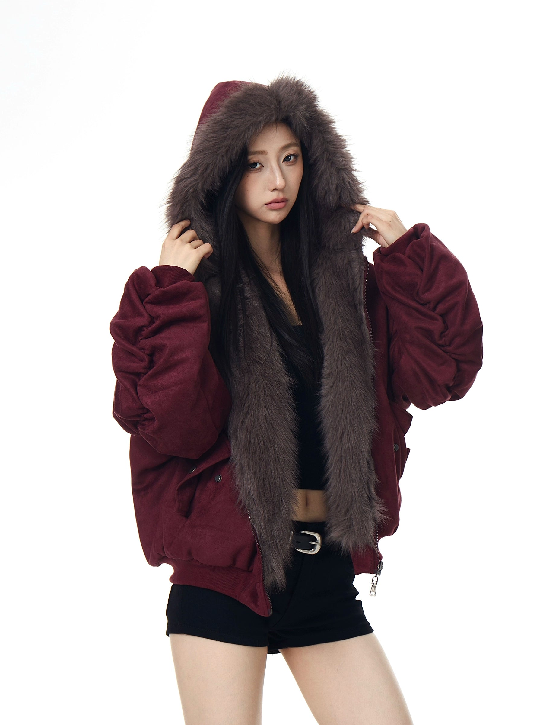 Reversible Suede-Fleece Hawk Fur Hooded Jacket