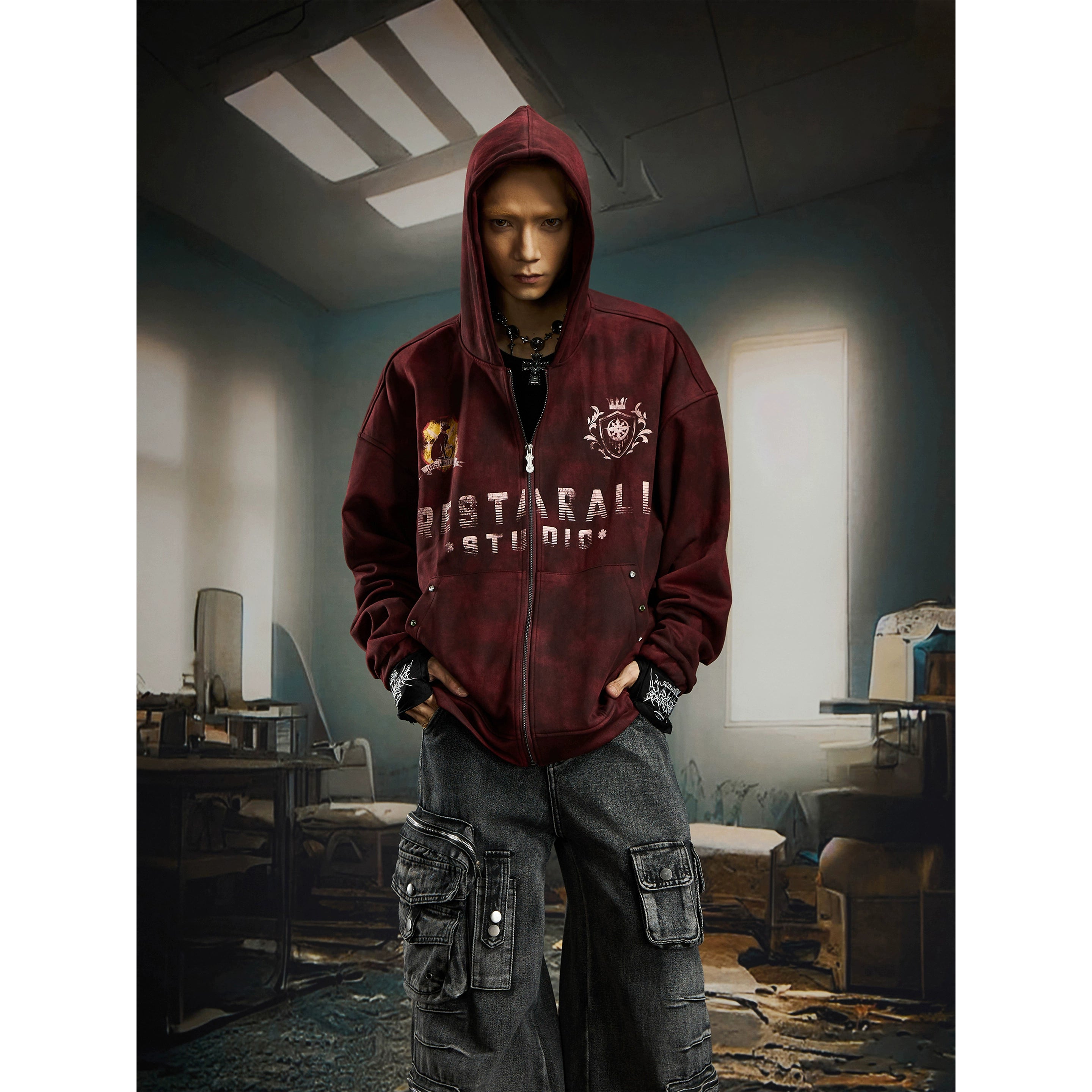 Tie-Dye Embroidered Badge Zip-Up Hoodie