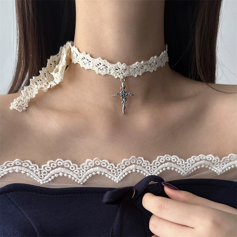 White Lace Cross Key Layered Choker Necklace