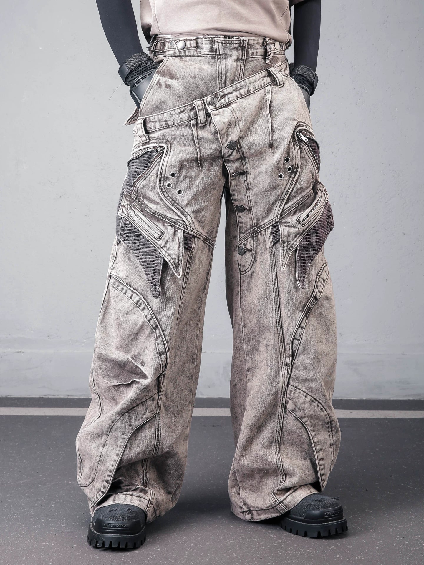 Sanhoostudio wide leg denim pants featuring double waist design, distressed wash, and scythe-cut silhouette. Designed for modern streetwear styling with a loose fit, durable structure, and bold urban aesthetic for everyday wear.