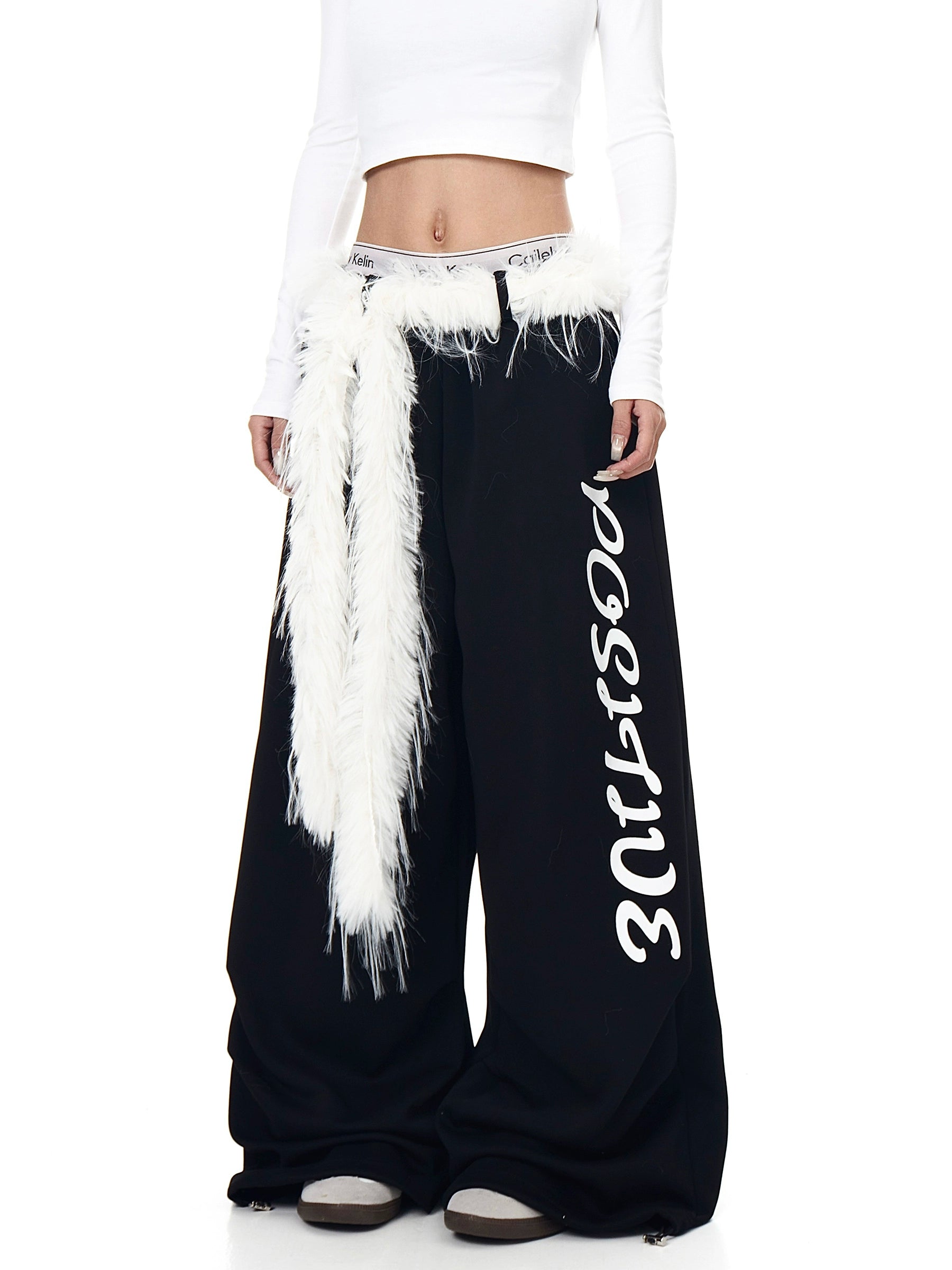 Furry Belt Letter Straight-Leg Sweatpants