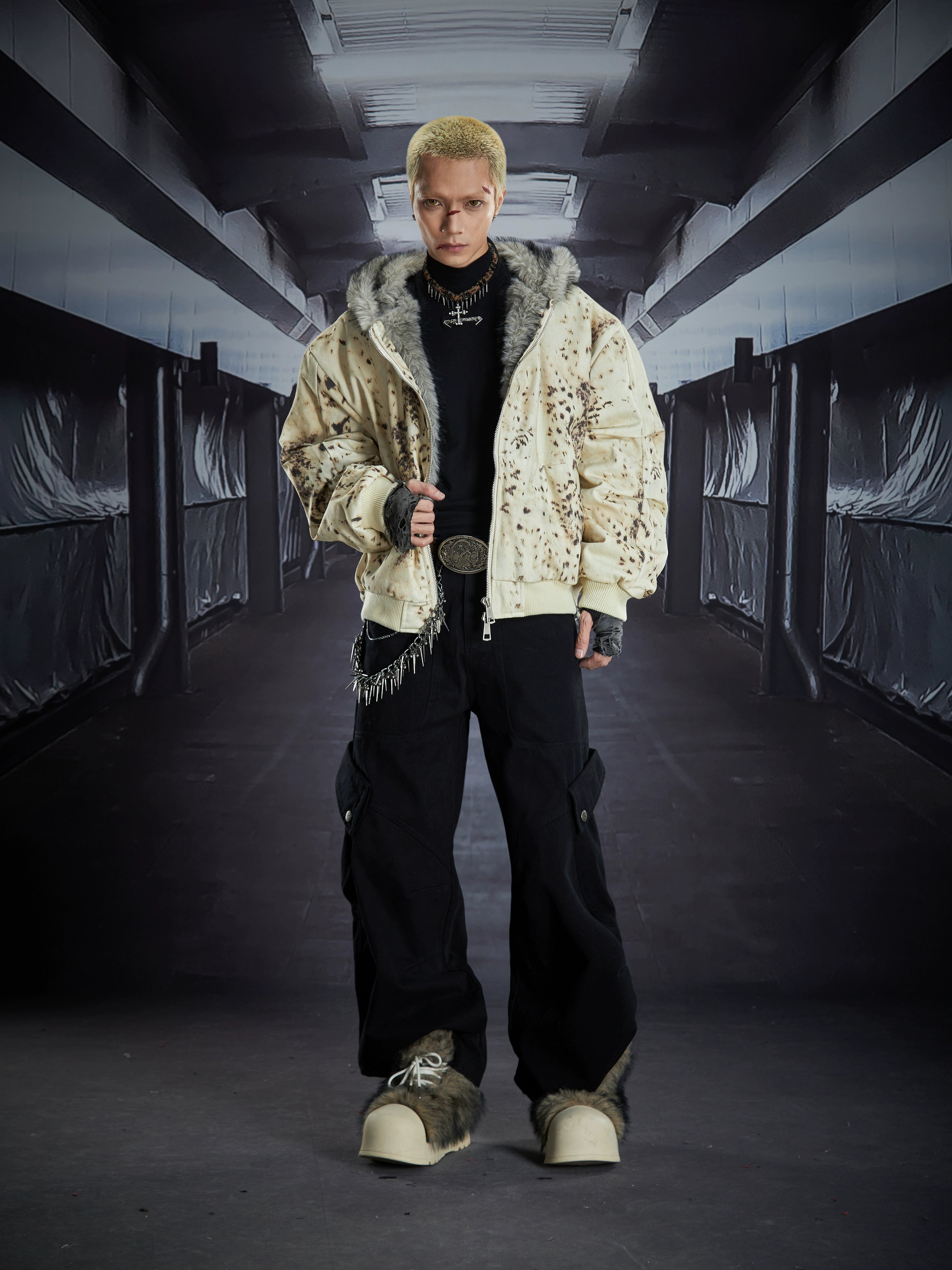 Wasteland Distressed Furry Hooded Cropped Heavy Puffer