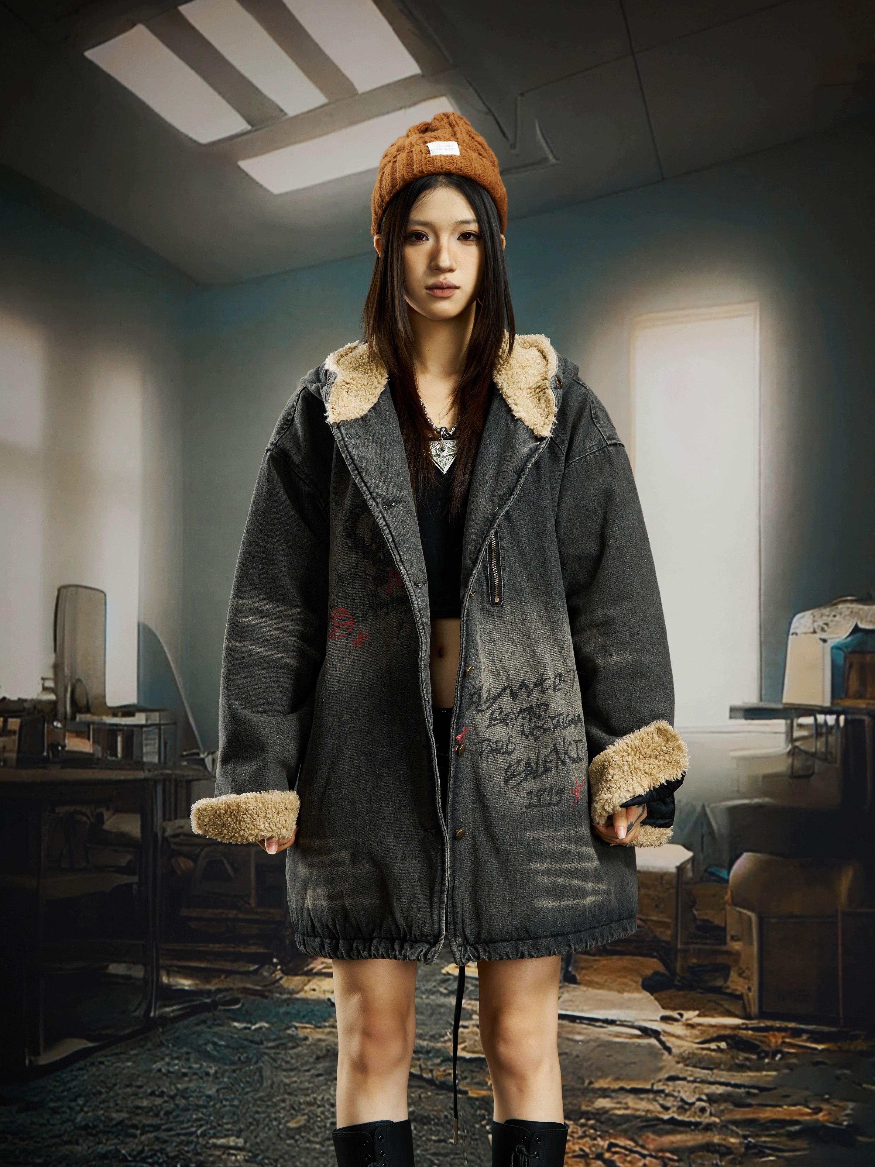 Washed Graffiti Denim Long Sherpa Jacket