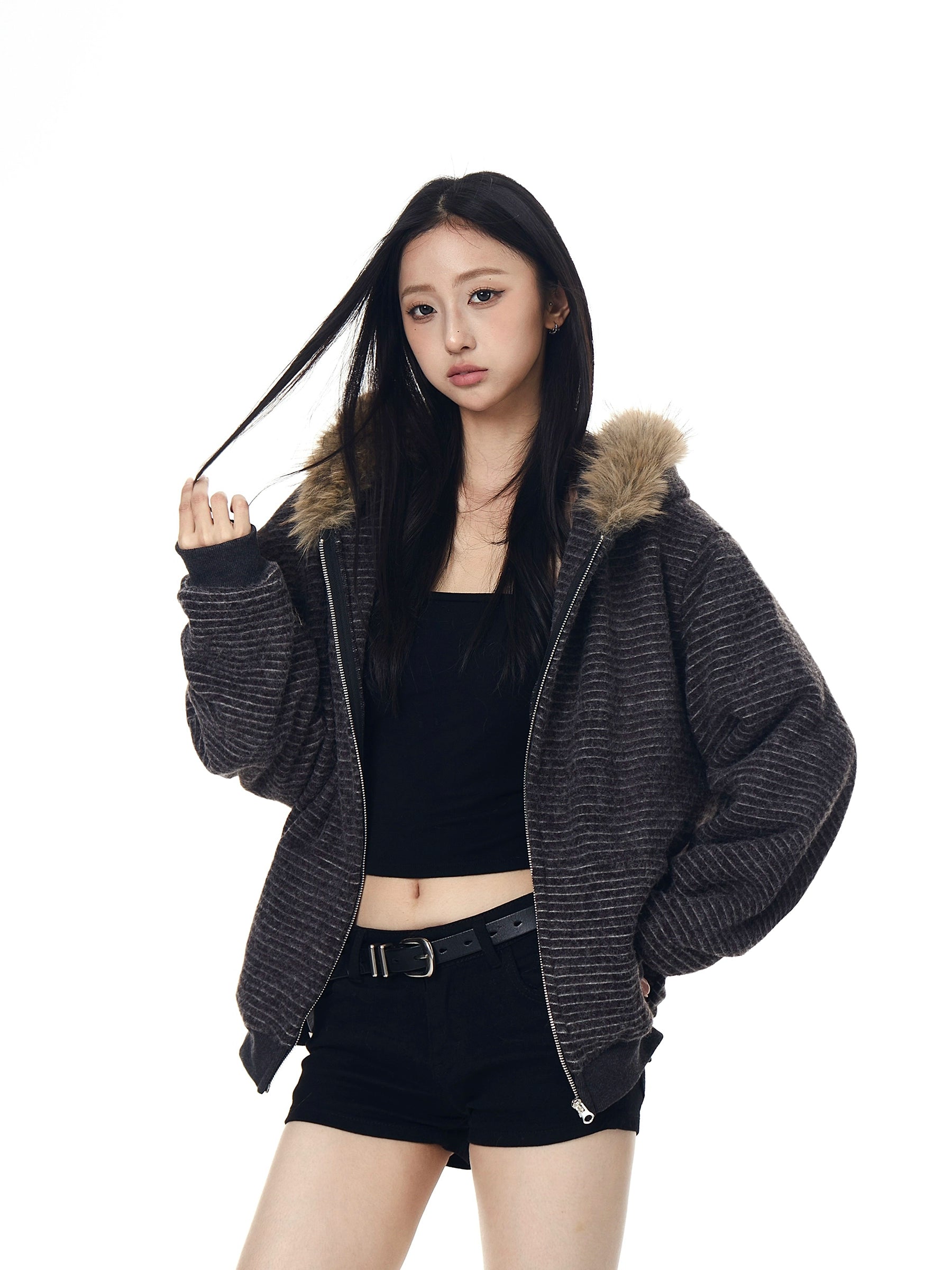 Striped Fur-Hood Fleece-Lined Cozy Zip Hoodie