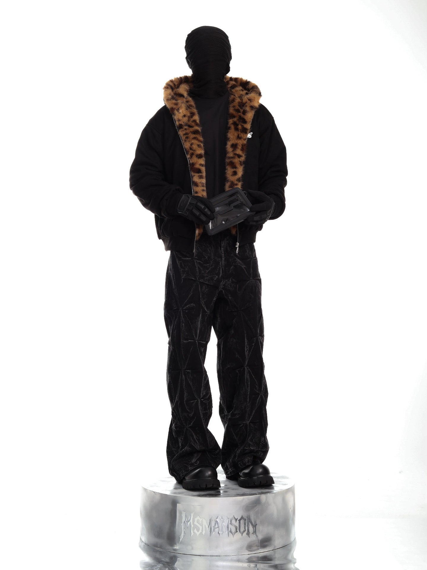 Vintage Black Suede Patchwork Leopard Fur Hooded Jacket